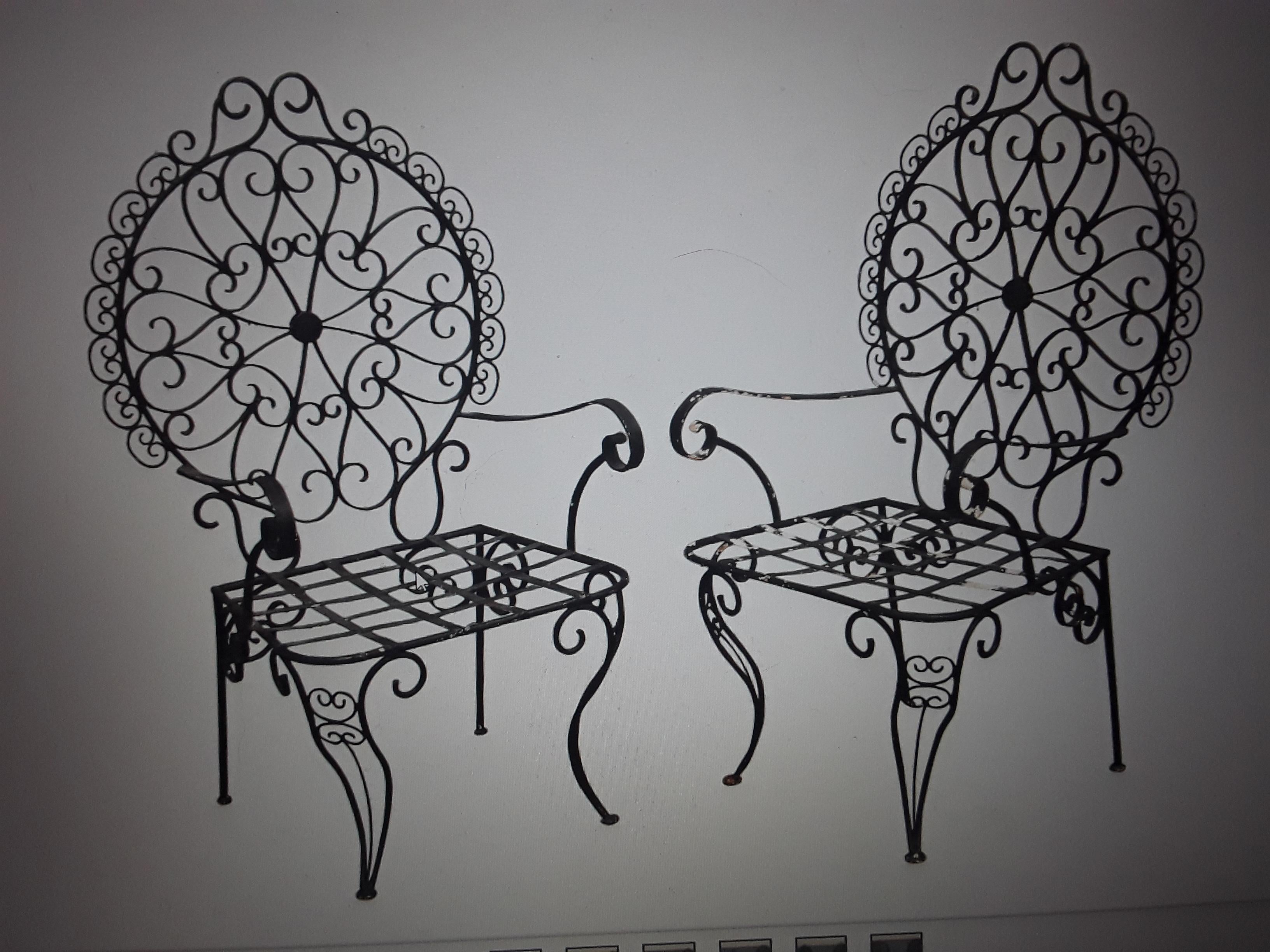 1950s Pair Mid Century Patinated Wrought Iron Garden Chairs For Sale 3