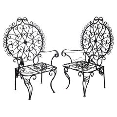 Retro 1950s Pair Mid Century Patinated Wrought Iron Garden Chairs