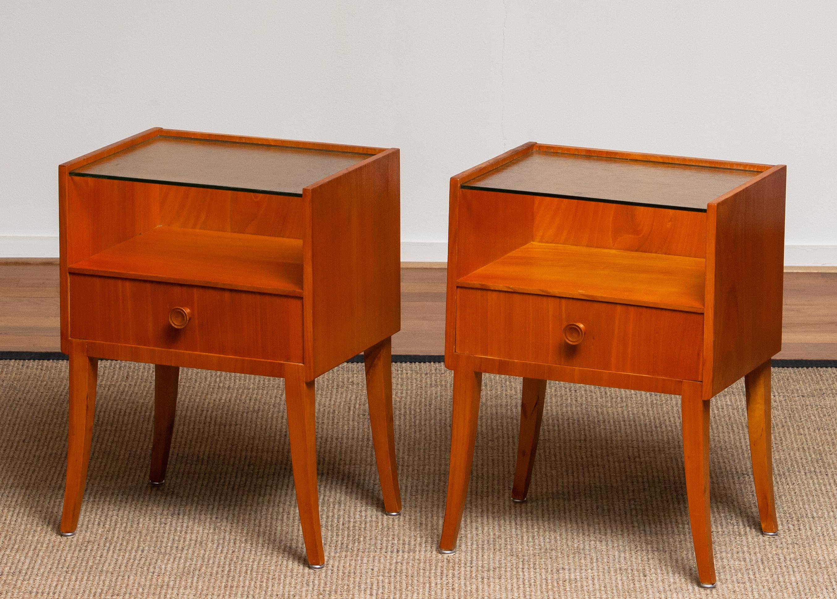 Scandinavian Modern 1950s Pair of Nightstands / Bedside Tables from Sweden in Elm with Glass Top