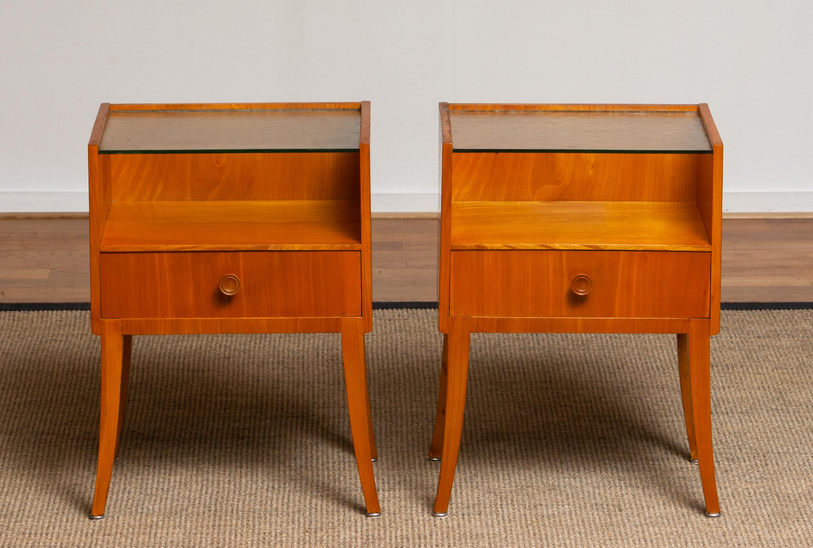 Mid-20th Century 1950s Pair of Nightstands / Bedside Tables from Sweden in Elm with Glass Top