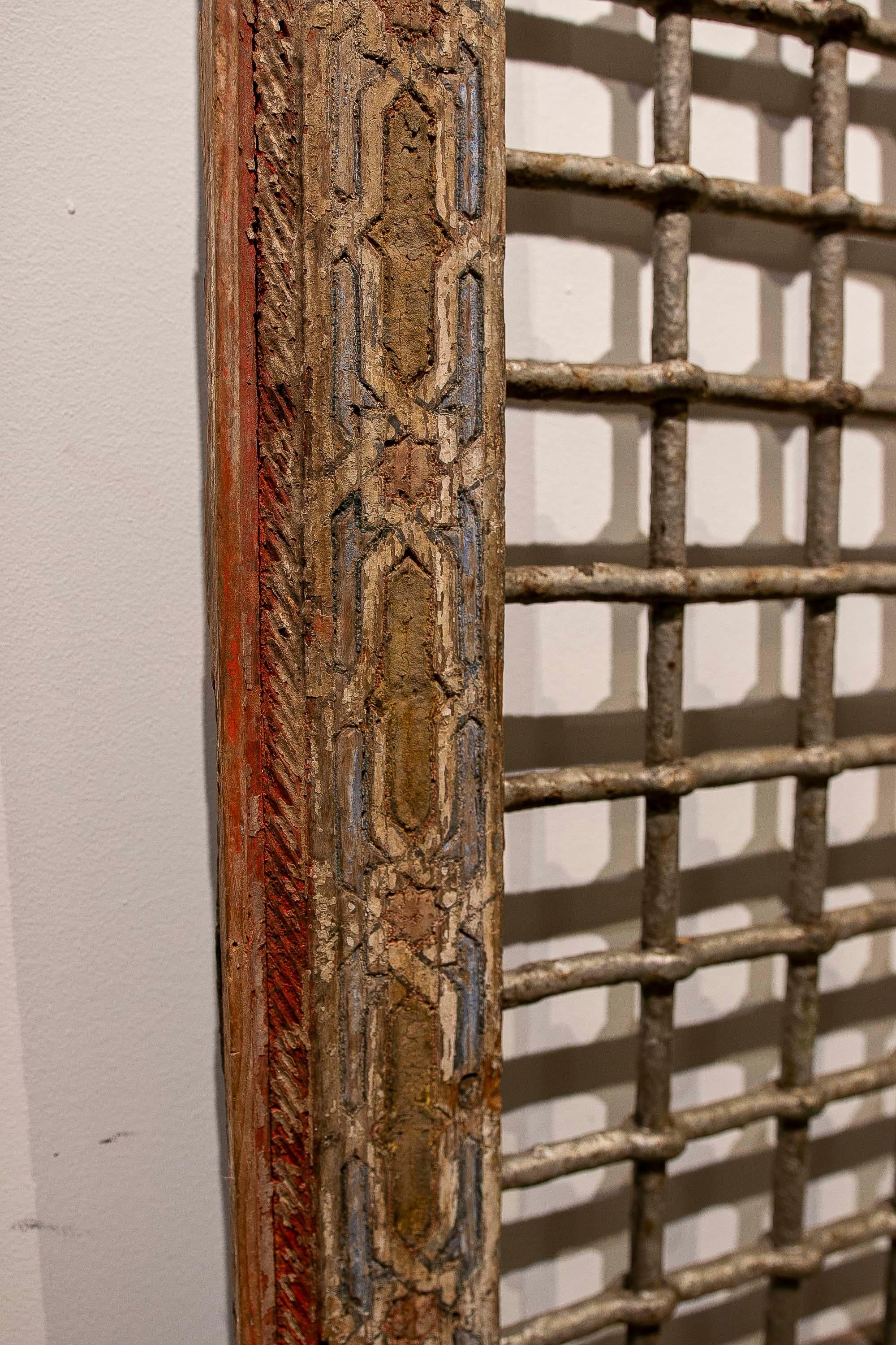20th Century 1950s Pair of Antique Carved Iron Grilles with Original Polychrome Frame For Sale