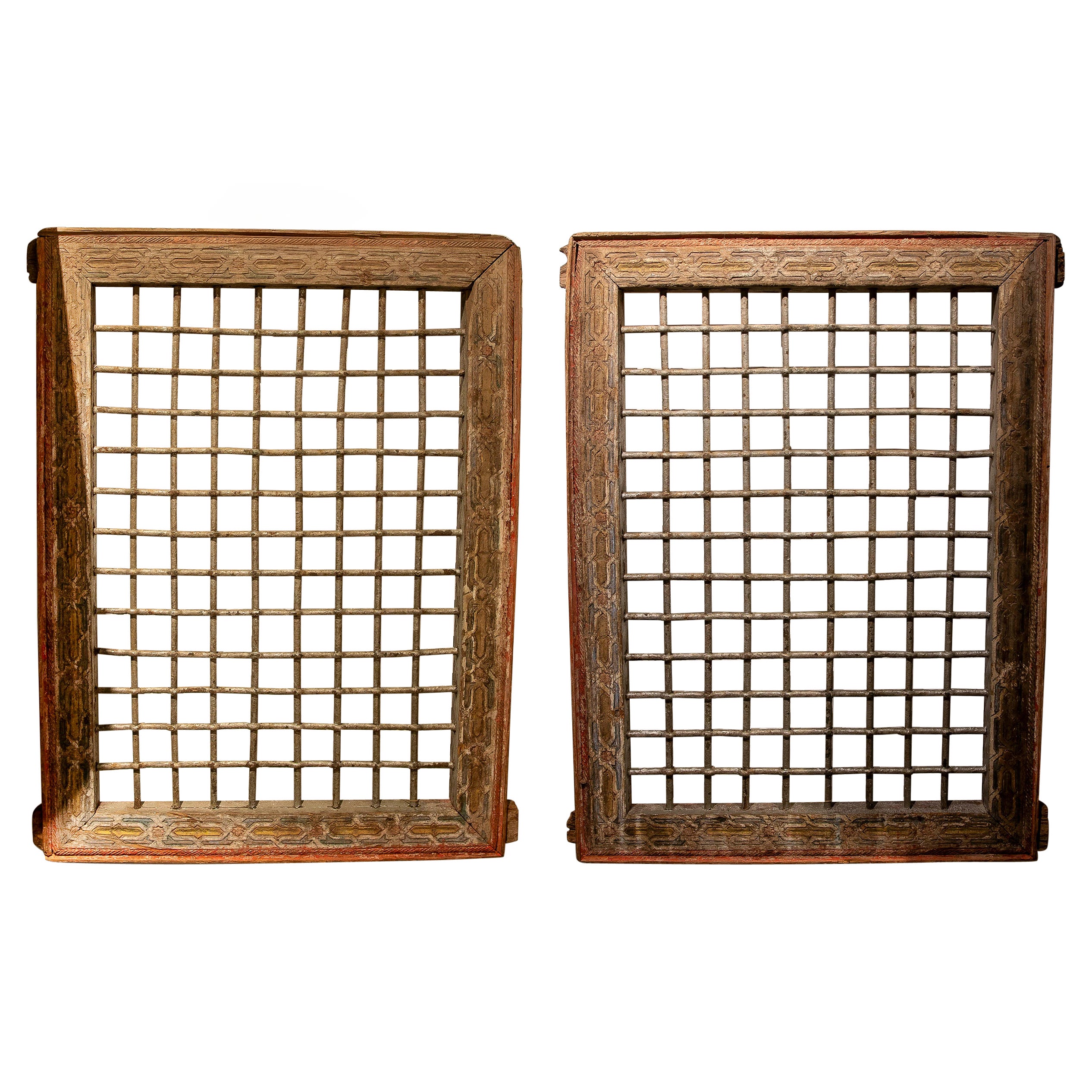 1950s Pair of Antique Carved Iron Grilles with Original Polychrome Frame For Sale