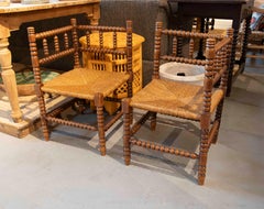 1950s Pair of Antique Turned Wood Chairs with Rush Seat