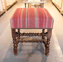1950s Pair of Antique Wooden Benches Made of Turned Wood with Textile Upholstery