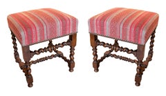 1950s Pair of Antique Wooden Benches Made of Turned Wood with Textile Upholstery