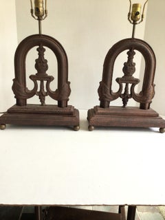 1950s Pair of Architectural Iron Table Lamps with Decorative Finials