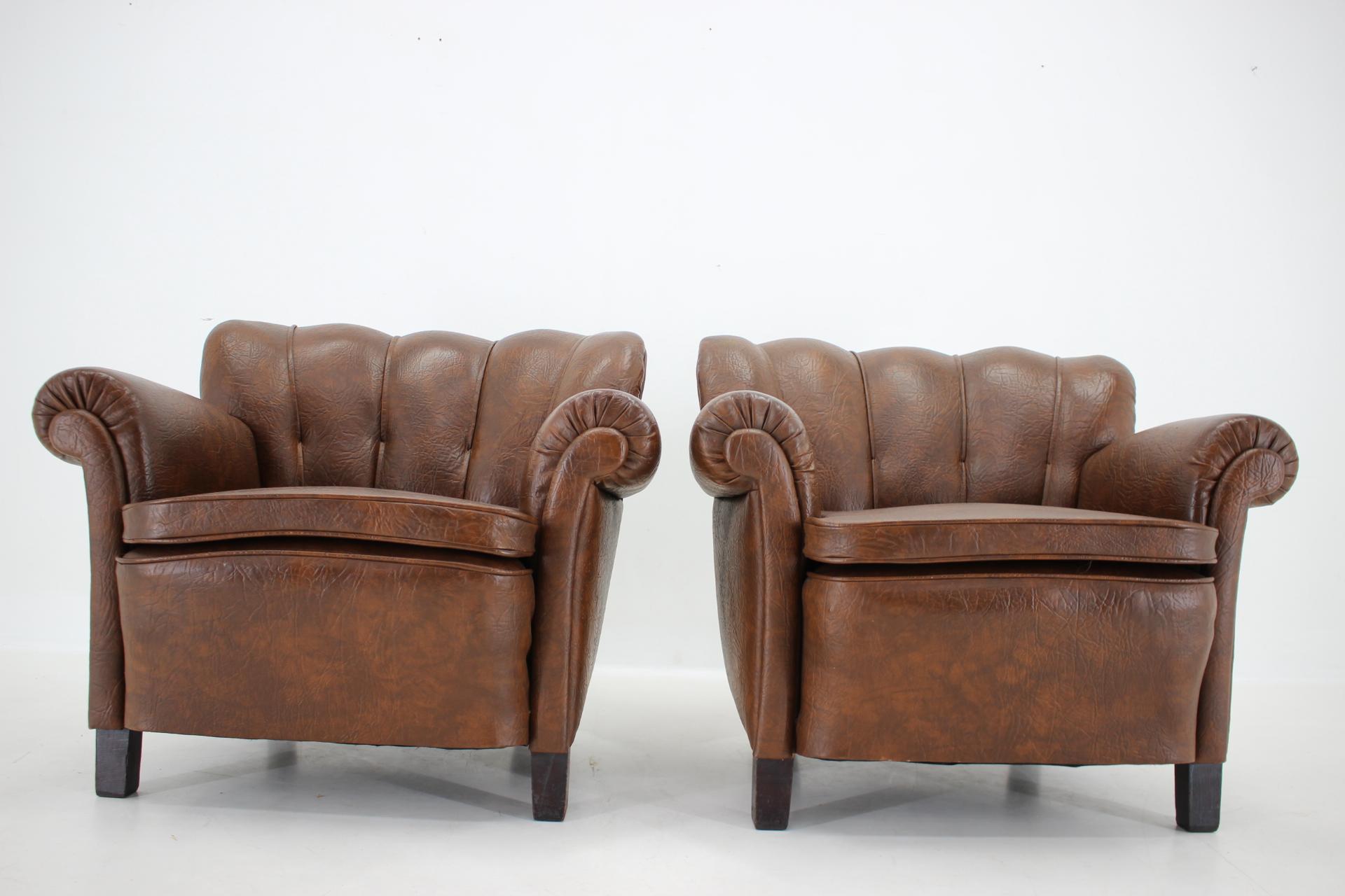 Wood 1950s Pair of Armchairs in Leatherette, Czehoslovakia For Sale
