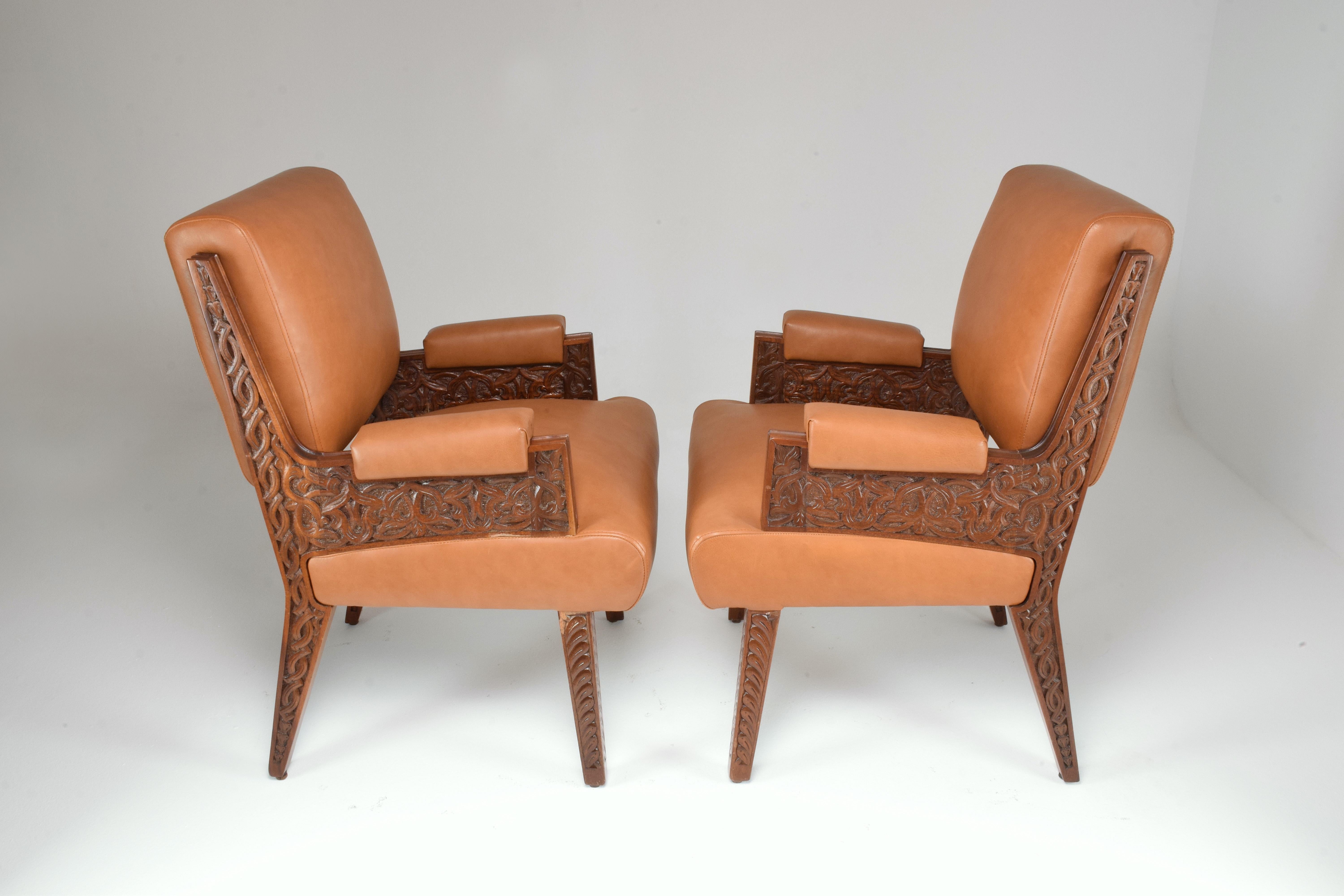 Moroccan 1950's Two Collectible Oriental Art Deco Style Sculpted Armchairs  For Sale