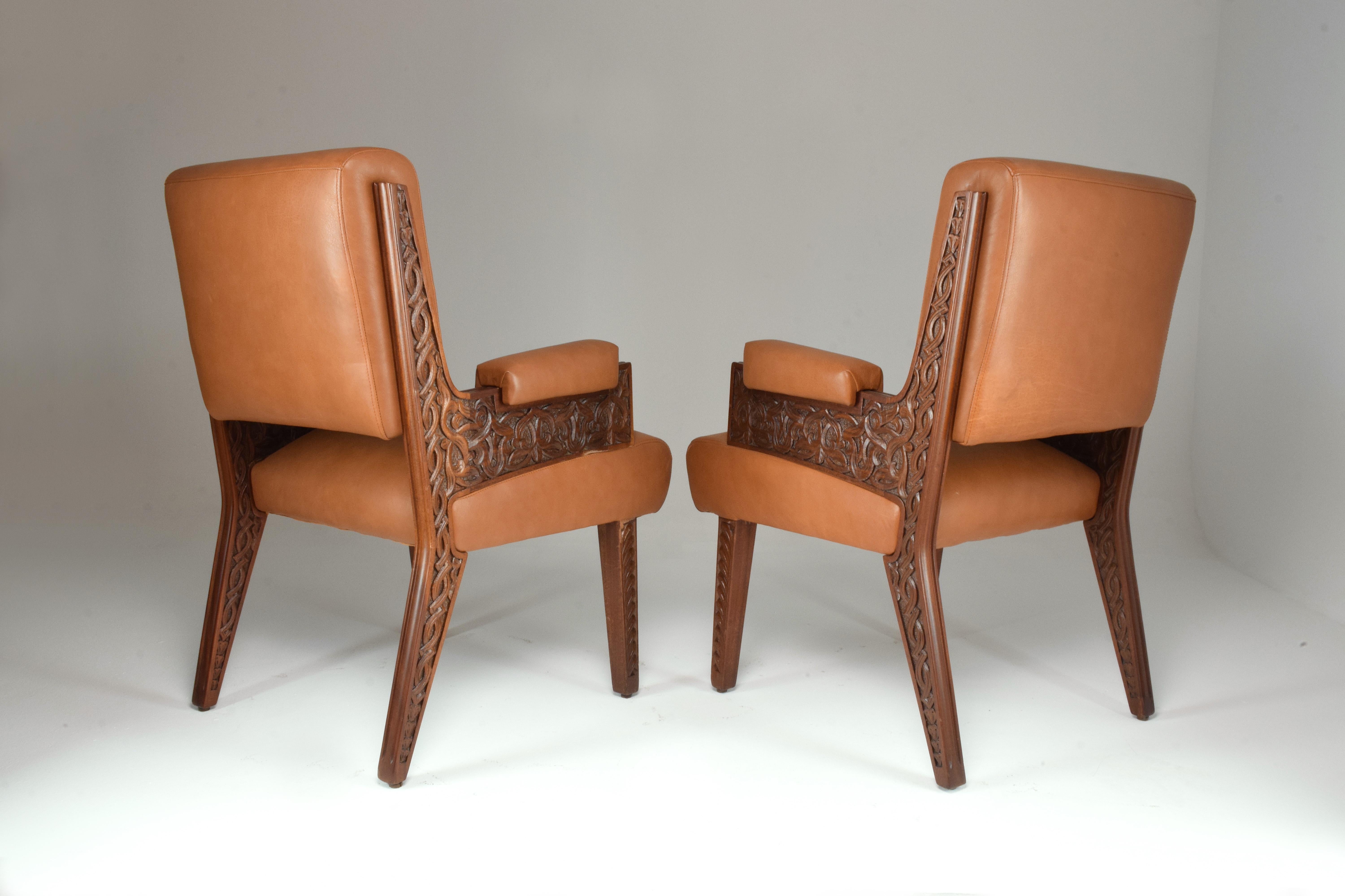 1950's Two Collectible Oriental Art Deco Style Sculpted Armchairs  In Good Condition For Sale In Paris, FR