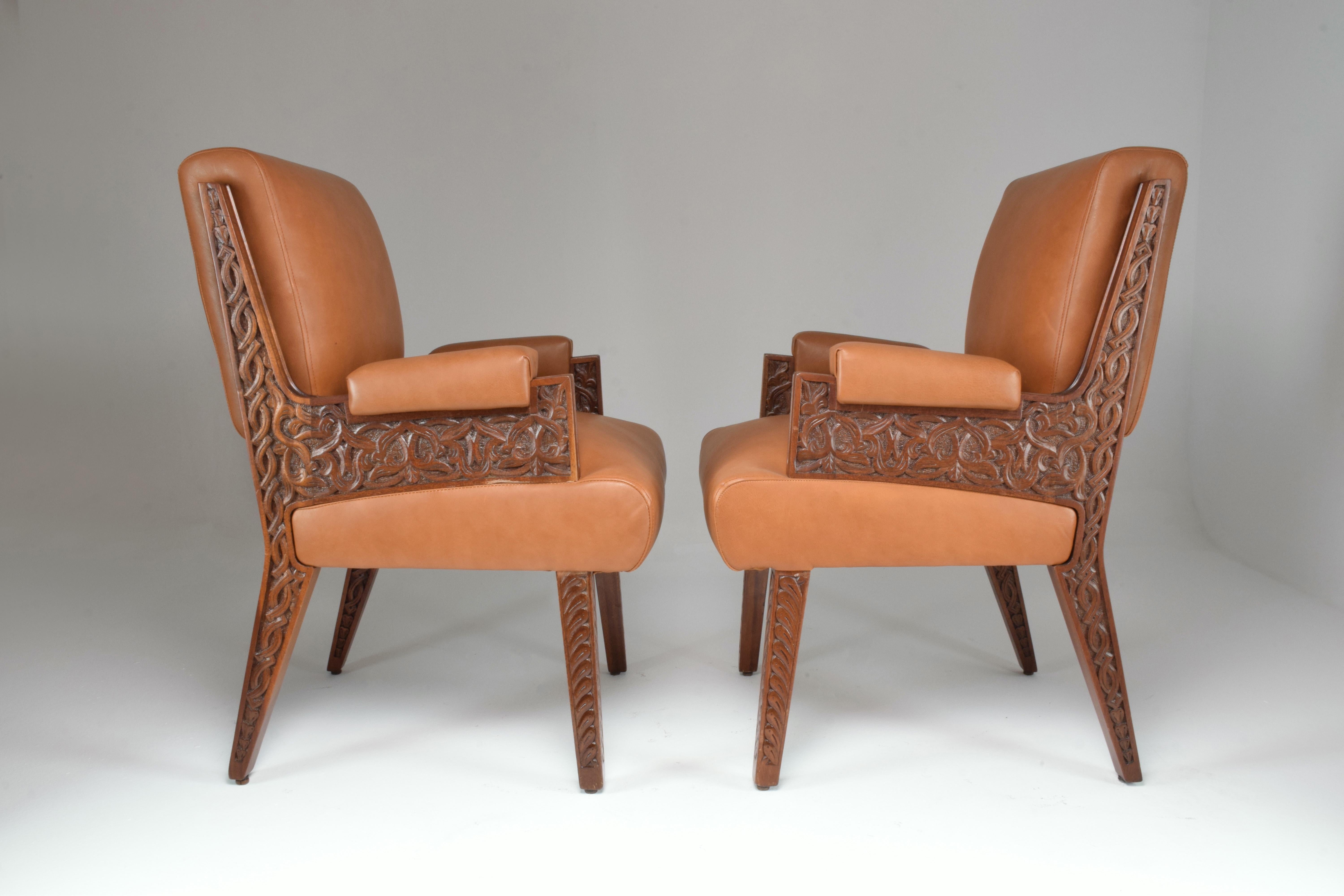 Leather 1950's Two Collectible Oriental Art Deco Style Sculpted Armchairs  For Sale