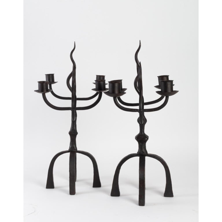 1950s Pair of Atelier Marolles Black Wrought Iron Candelabras For Sale