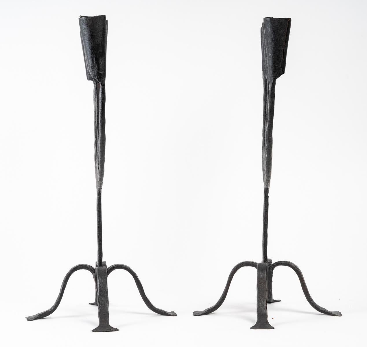 1950s Pair of Atelier Marolles Black Wrought Iron Candelabras In Good Condition In Saint-Ouen, FR