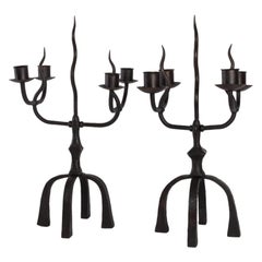 1950s Pair of Atelier Marolles Black Wrought Iron Candelabras