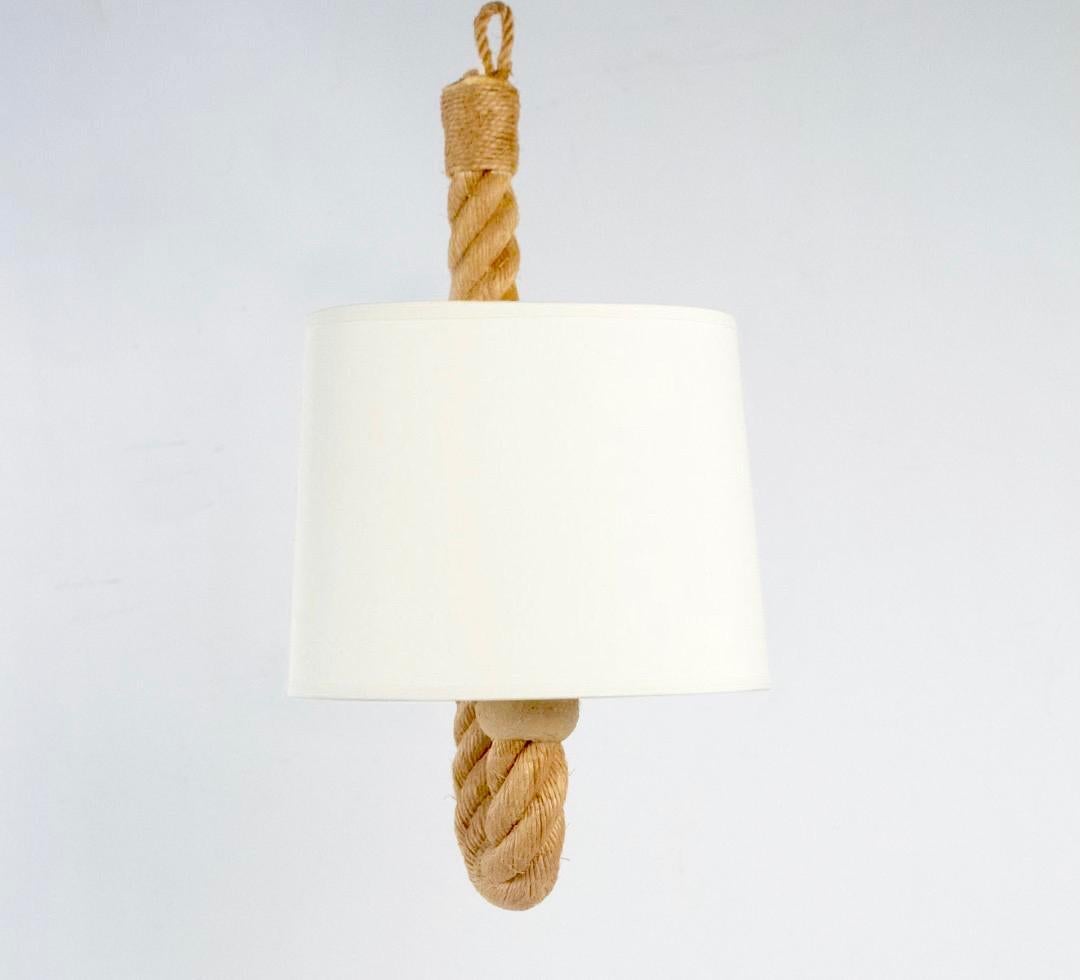 Each sconces consists of one curved arm made of weaved rope ended with a bulb socket.
Remade shades of off-white cotton granted to the originals.
One bulb per sconce.
Adrien Audoux and Frida Minet are known for their rope lights and