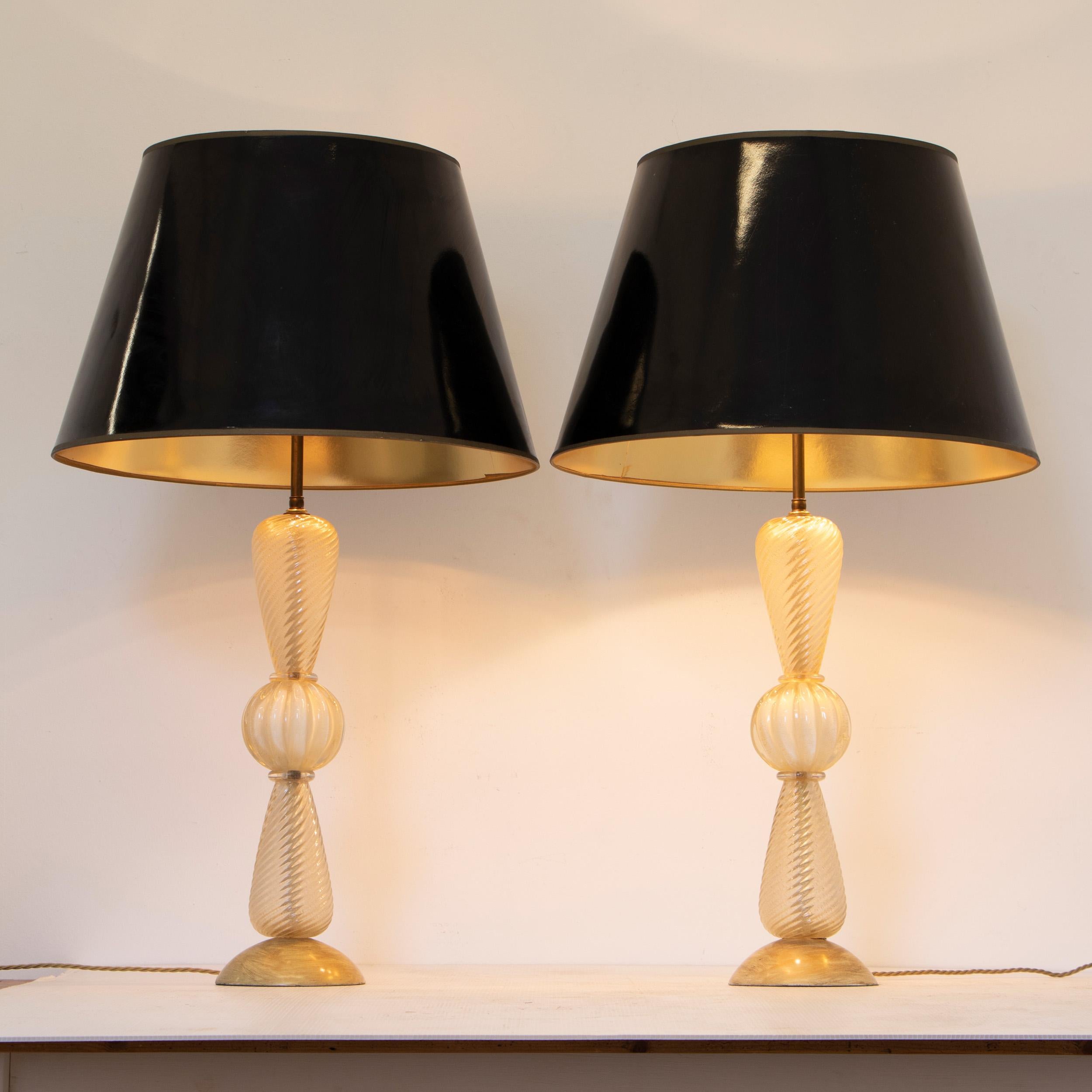 Mid-Century Modern 1950s Pair of Barovier & Toso Italian Murano Glass Table Lamps with Gold Flecks