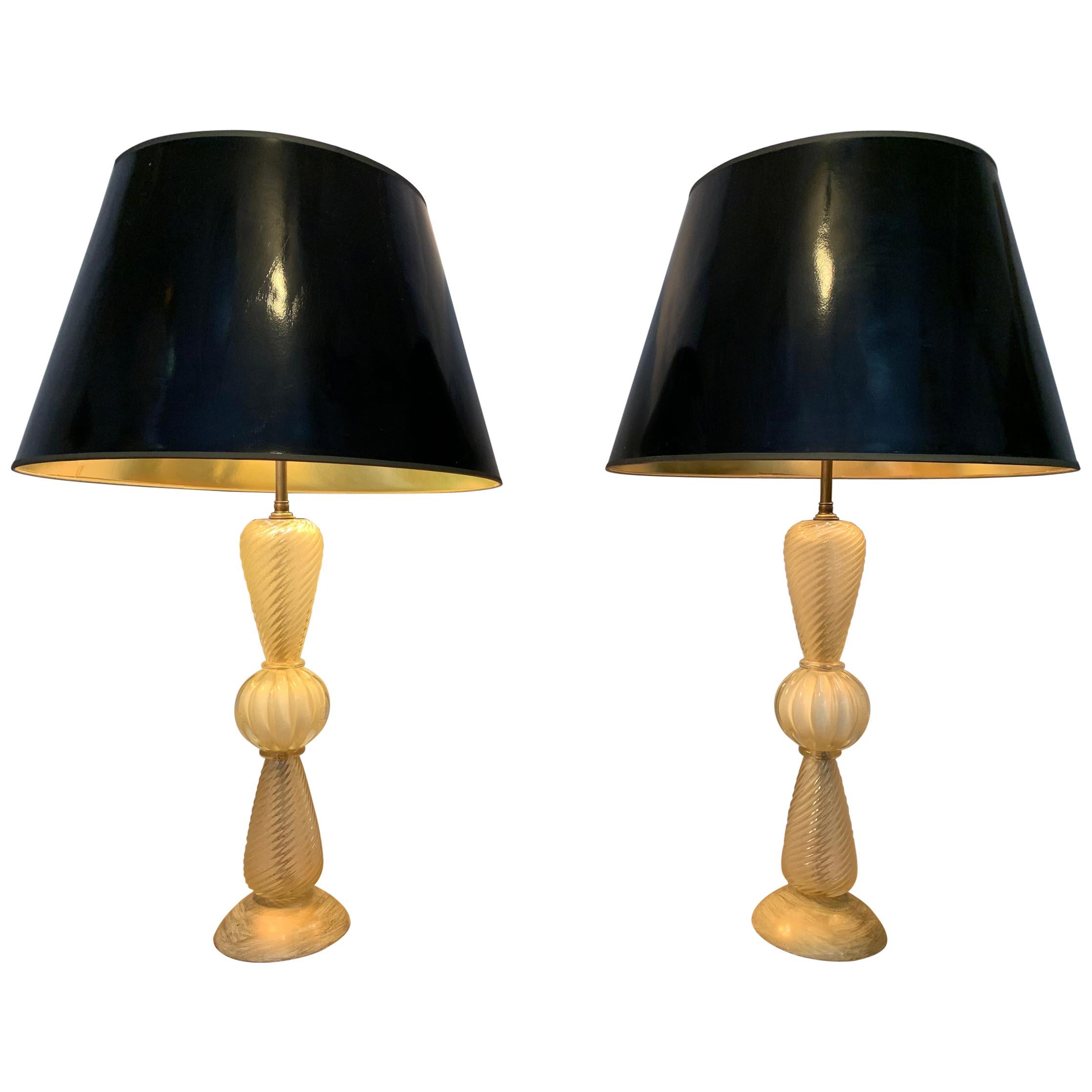 1950s Pair of Barovier & Toso Italian Murano Glass Table Lamps with Gold Flecks
