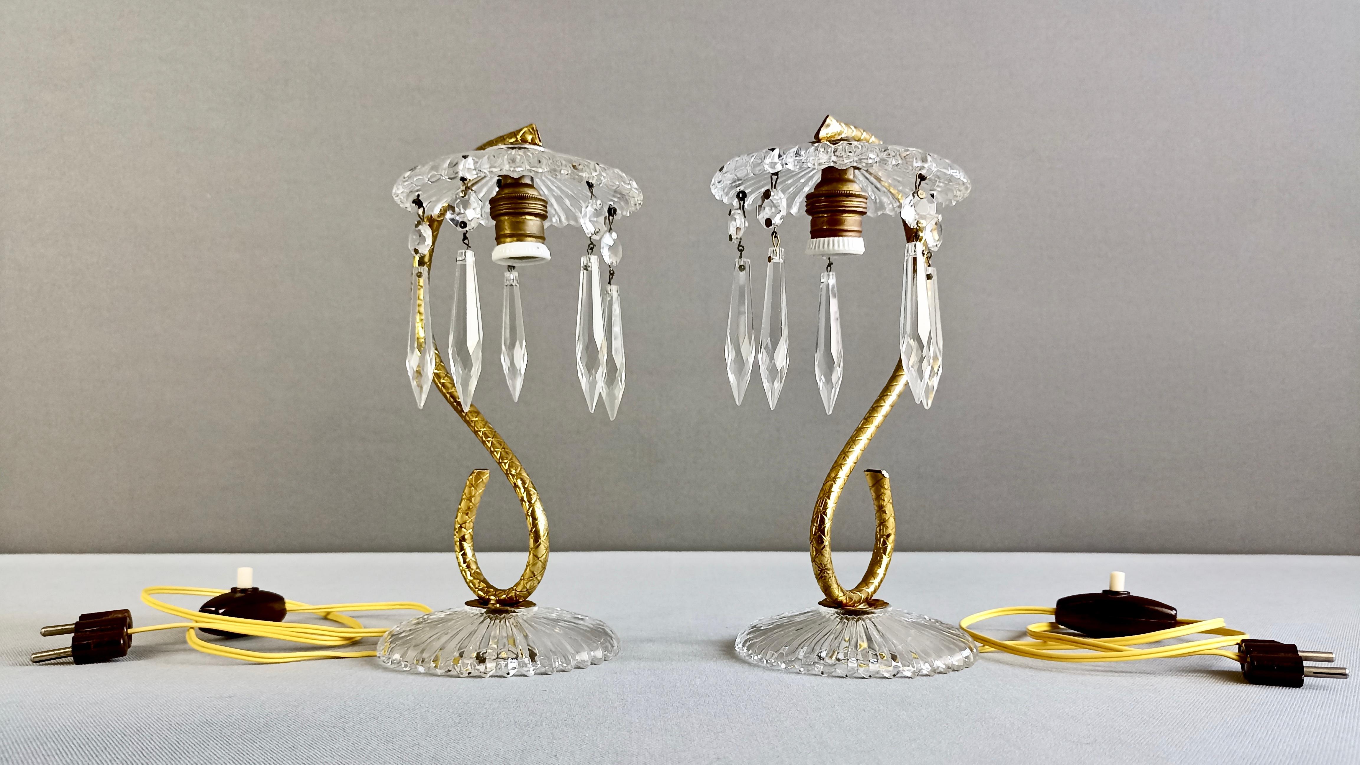 1950s Pair of Bedside/Table Lamps in Crystal and Gilded Brass 4