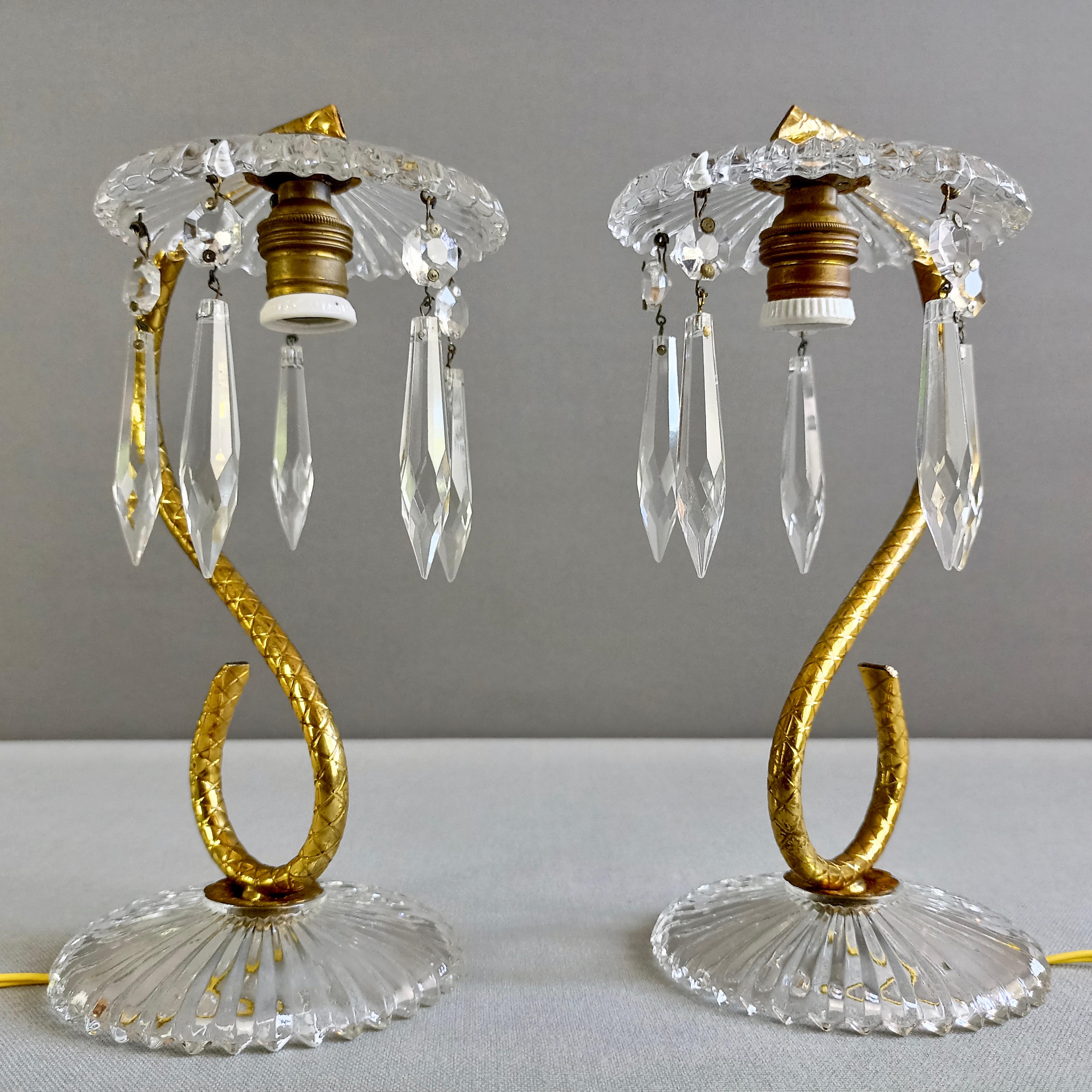 Mid-20th Century 1950s Pair of Bedside/Table Lamps in Crystal and Gilded Brass