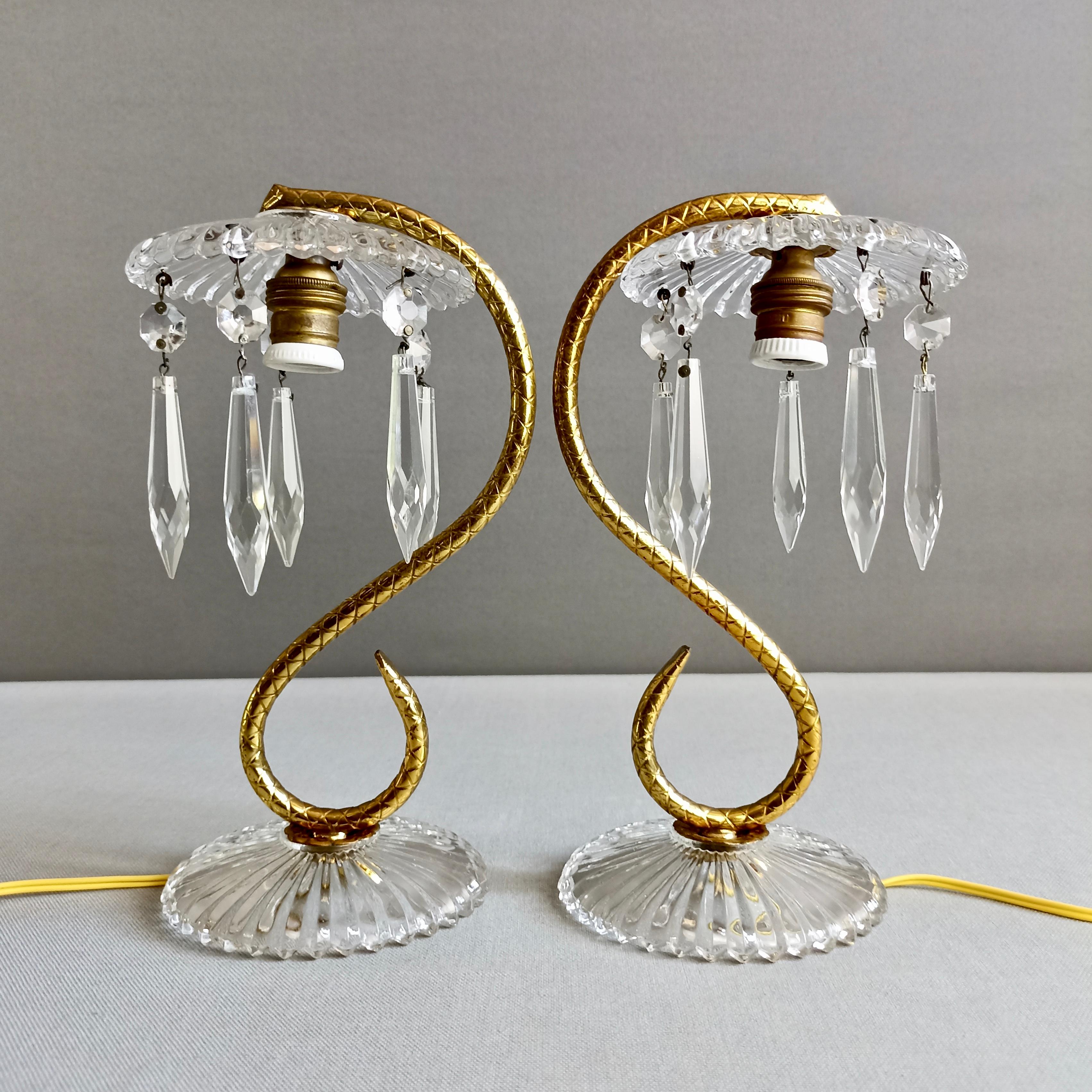 1950s Pair of Bedside/Table Lamps in Crystal and Gilded Brass 1