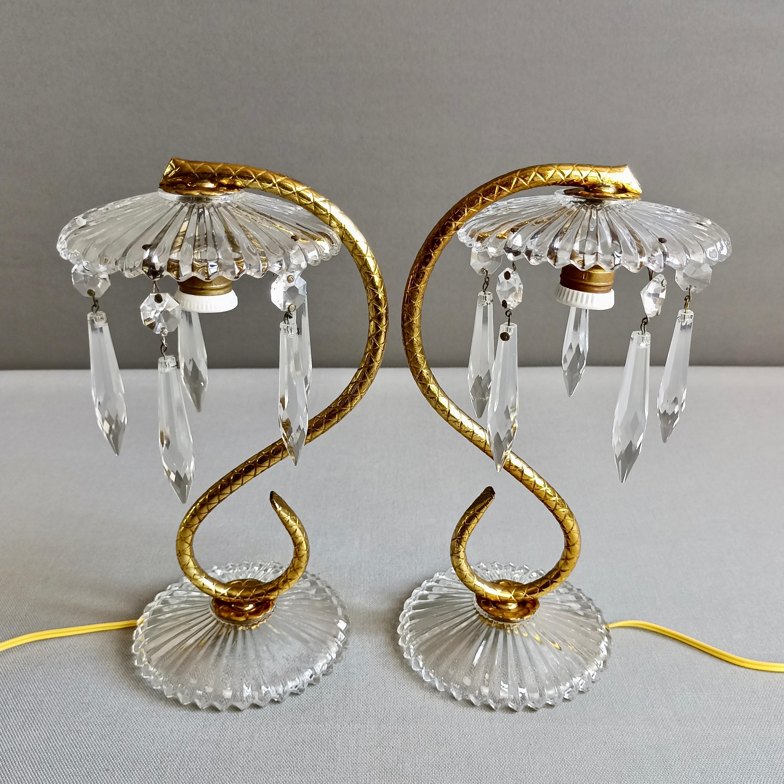1950s Pair of Bedside/Table Lamps in Crystal and Gilded Brass 2