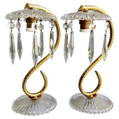 1950s Pair of Bedside/Table Lamps in Crystal and Gilded Brass