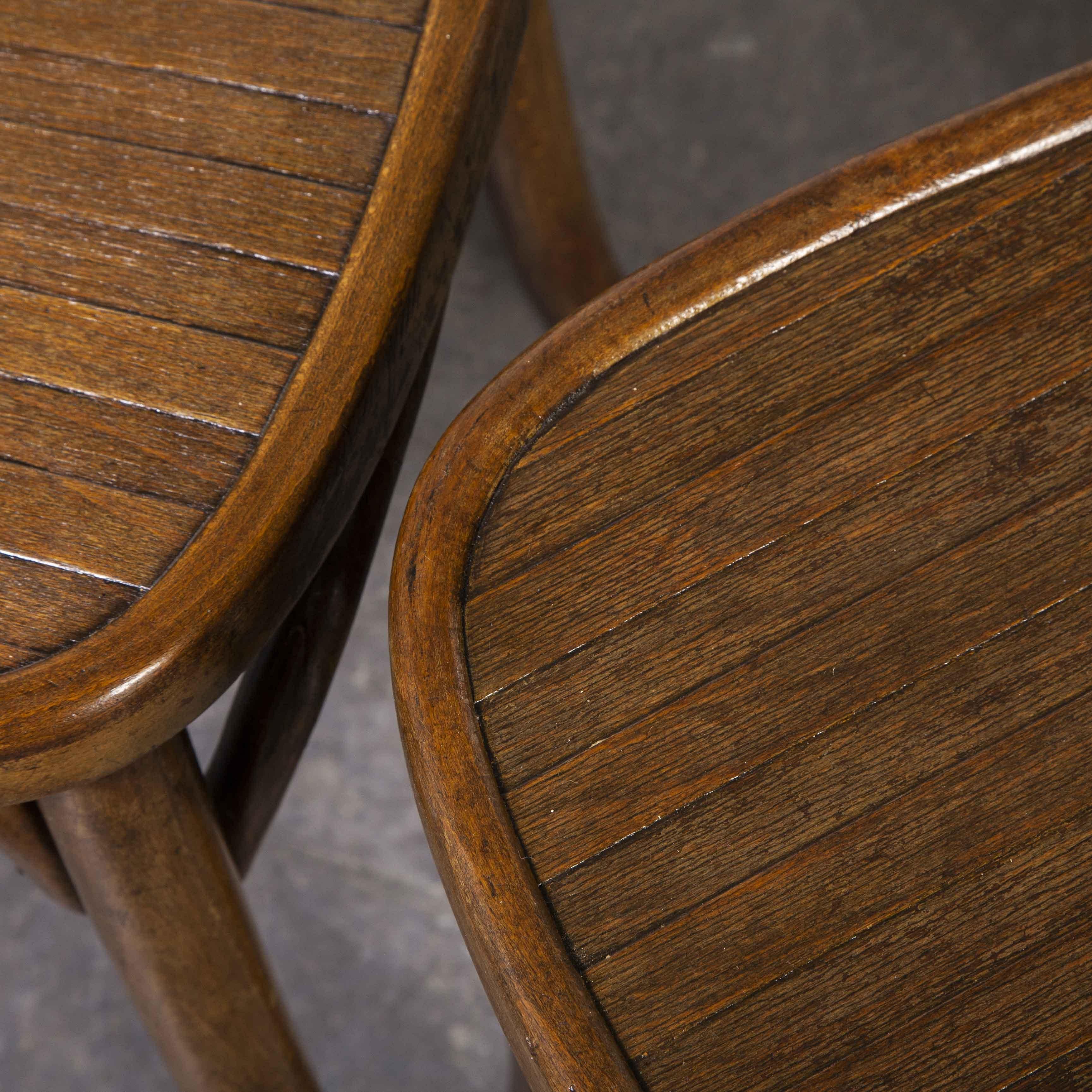 1950’s Pair of bentwood dining chairs – Dark walnut

1950’s Pair of bentwood dining chairs – Dark walnut. The process of steam bending beech to create elegant chairs was discovered and developed by Thonet, but when its patents expired in 1869 many