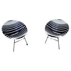 Vintage 1950s Pair of Black & White Woven Vinyl Satellite Lounge Chairs 