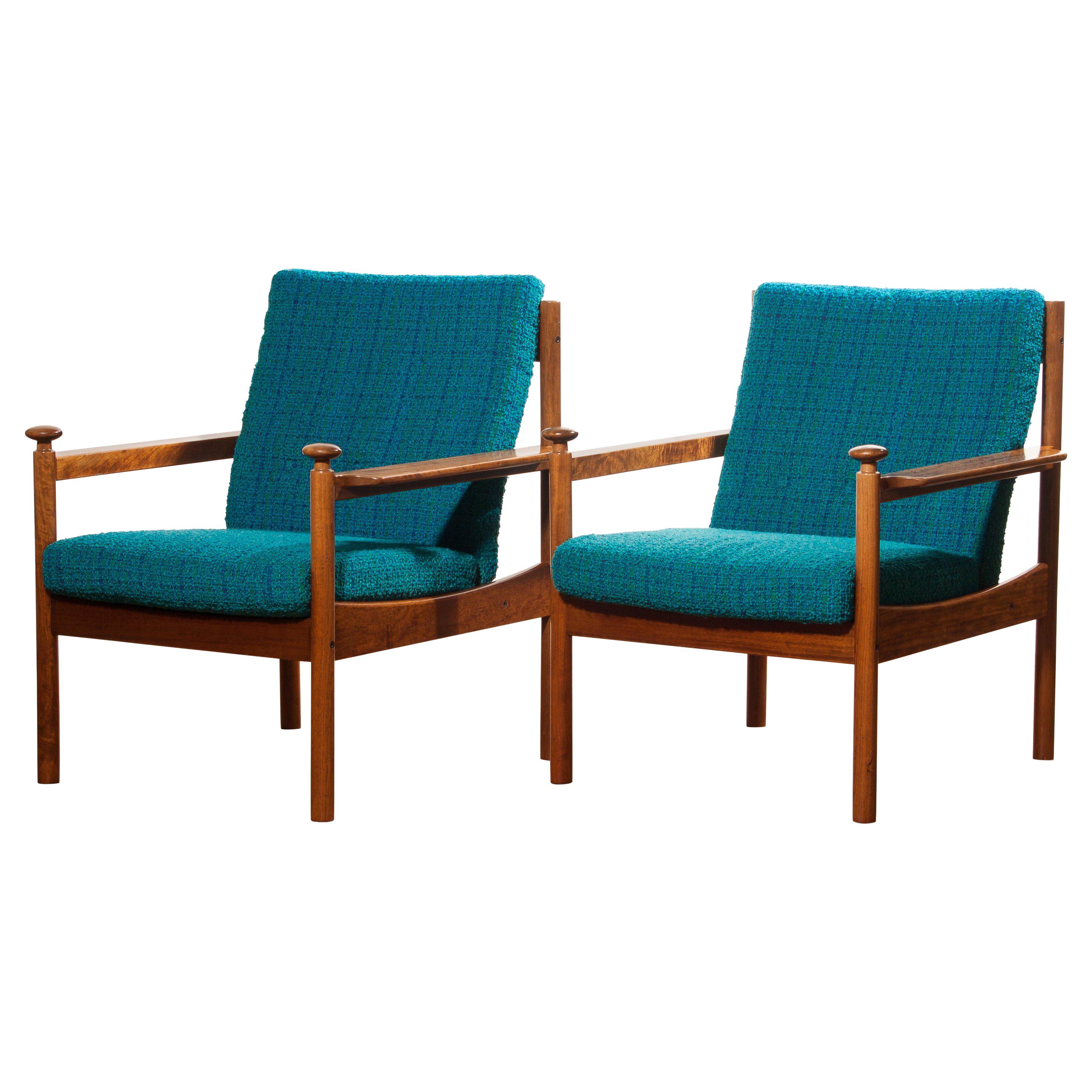 Mid-Century Modern 1950s, Pair of Blue Lounge Chairs by Torbjørn Afdal for Sandvik & Co. Mobler