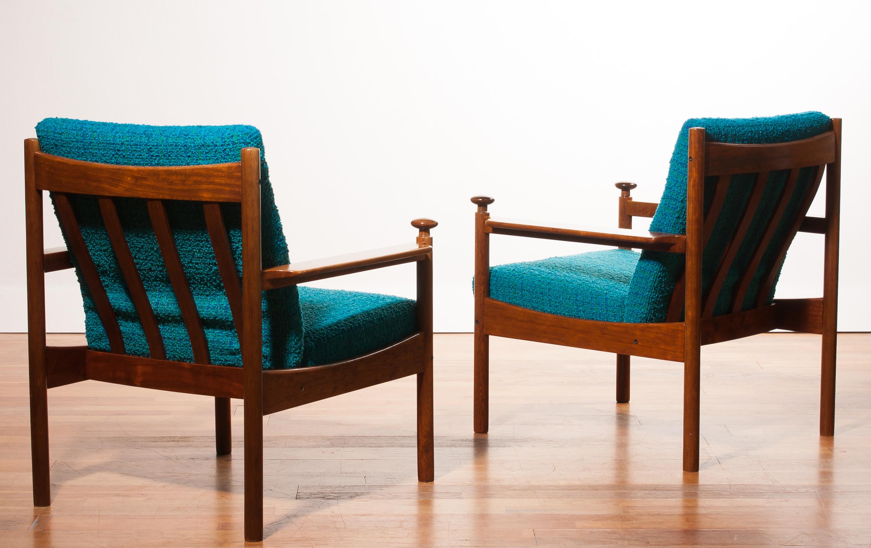 Mid-20th Century 1950s, Pair of Blue Lounge Chairs by Torbjørn Afdal for Sandvik & Co. Mobler