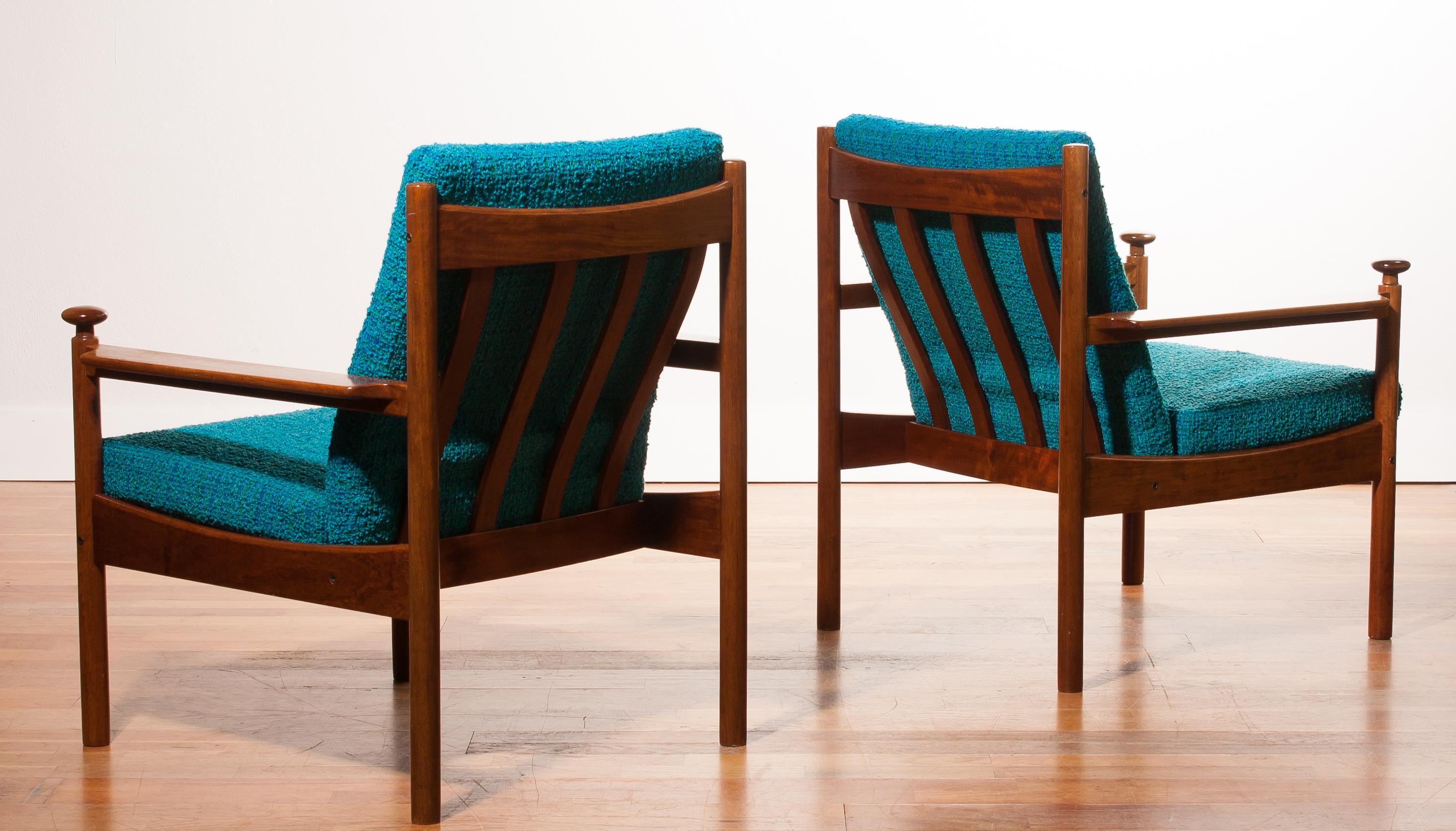 Fabric 1950s, Pair of Blue Lounge Chairs by Torbjørn Afdal for Sandvik & Co. Mobler