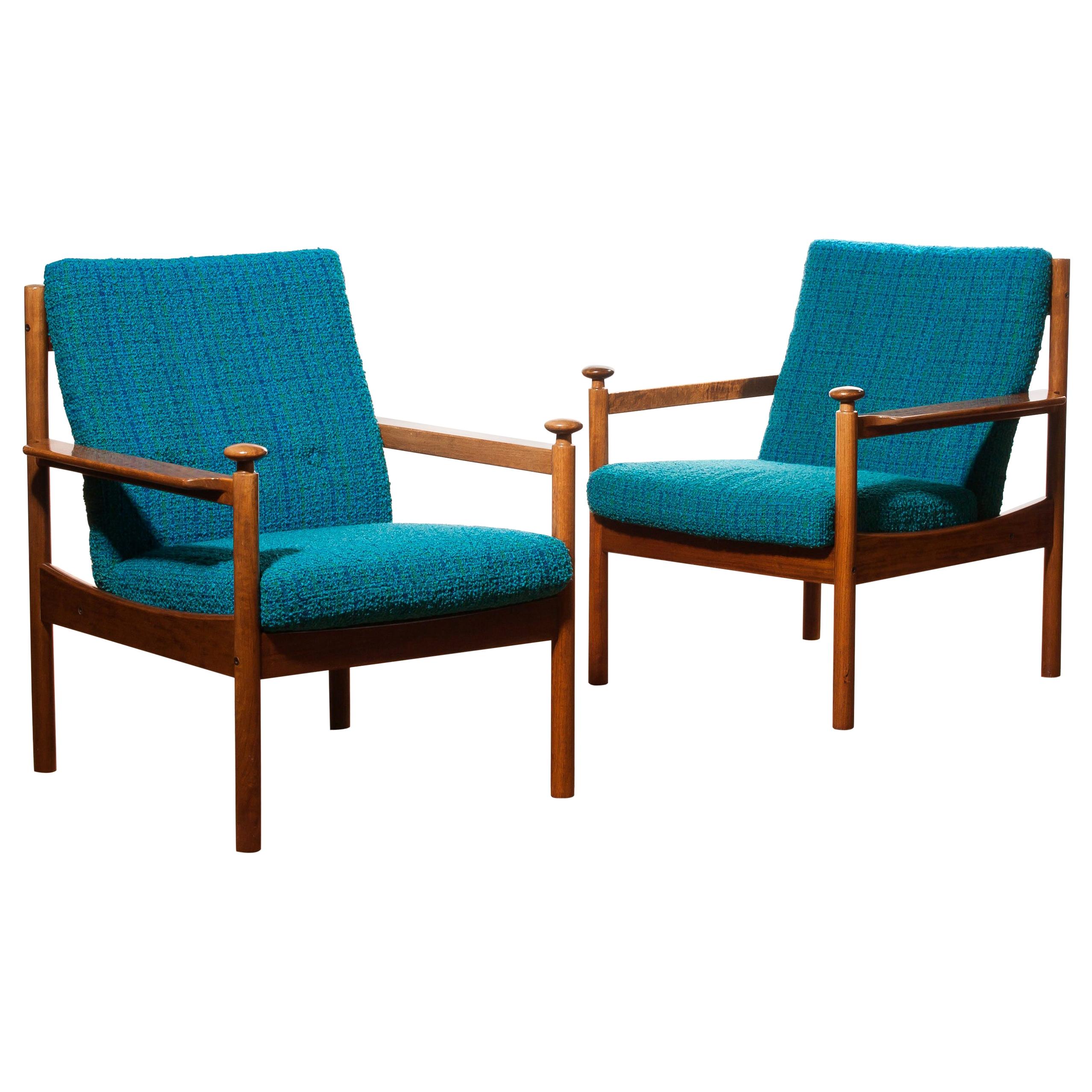 1950s, Pair of Blue Lounge Chairs by Torbjørn Afdal for Sandvik & Co. Mobler