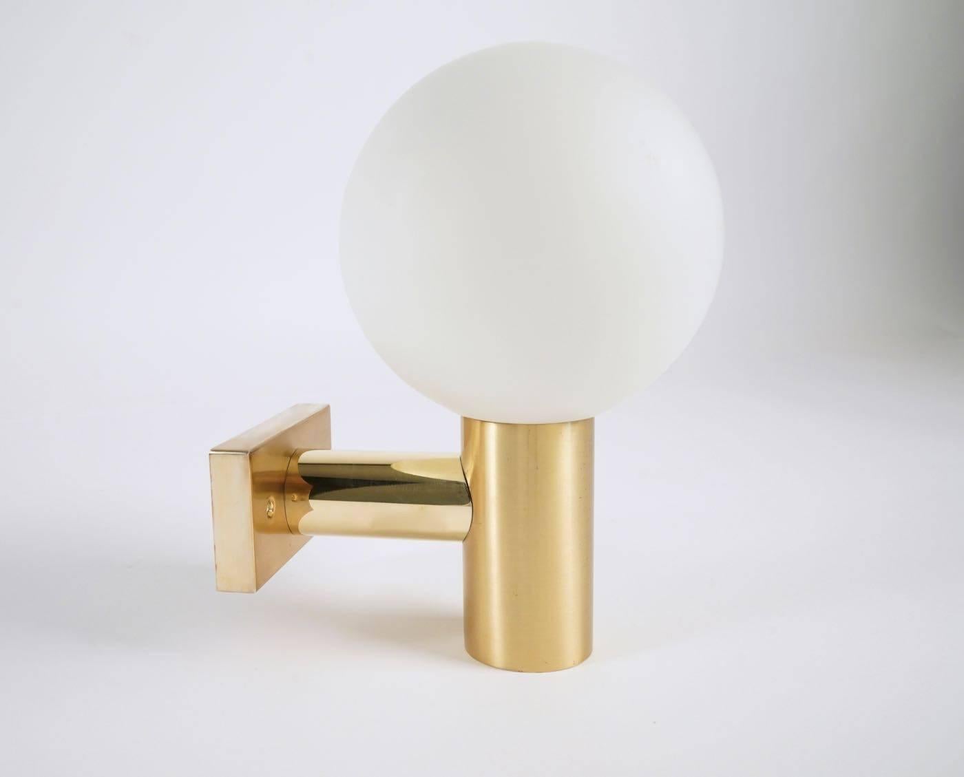 French 1950s Pair of Brass and White Satin Glass Globe Sconces