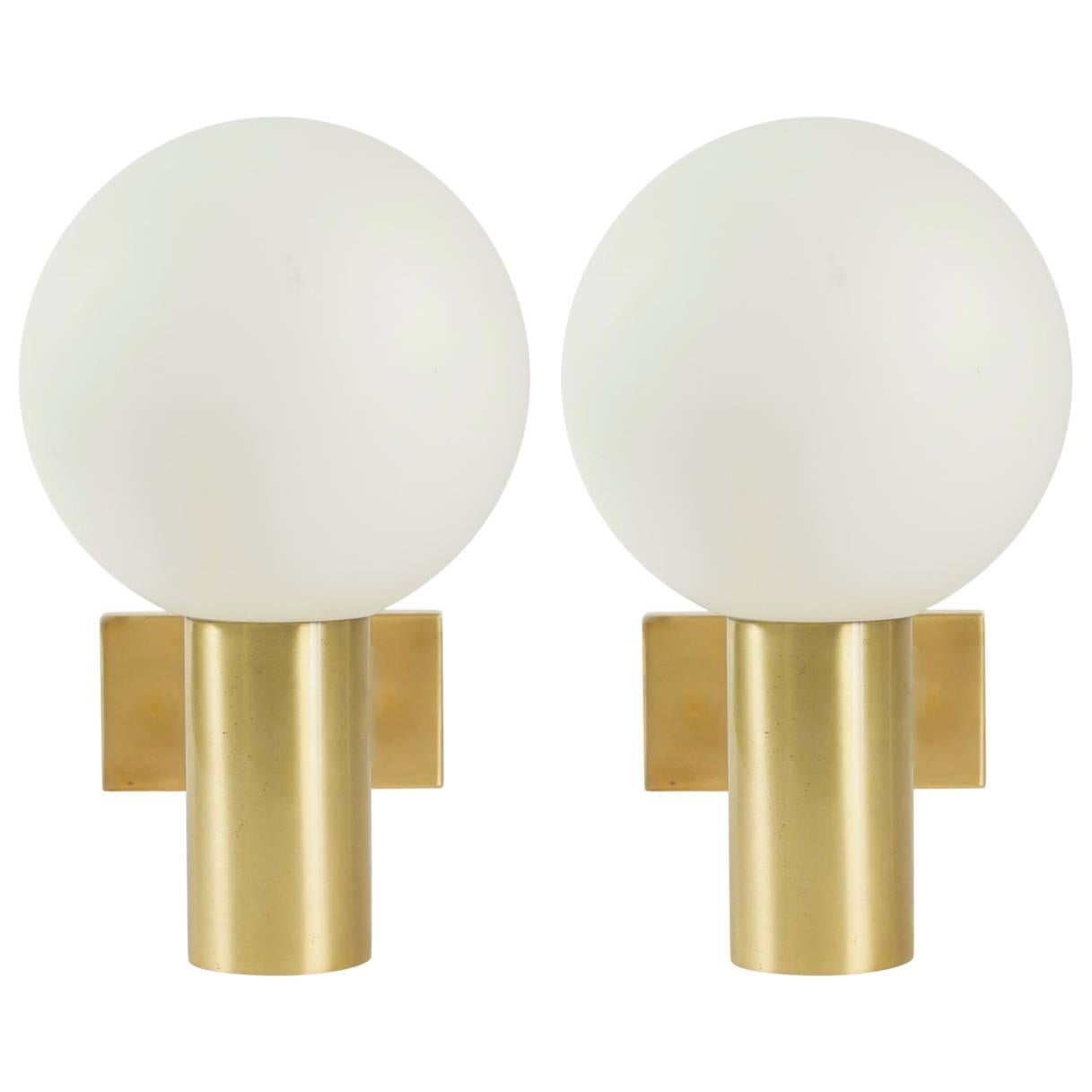 1950s Pair of Brass and White Satin Glass Globe Sconces