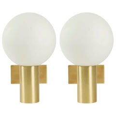 1950s Pair of Brass and White Satin Glass Globe Sconces