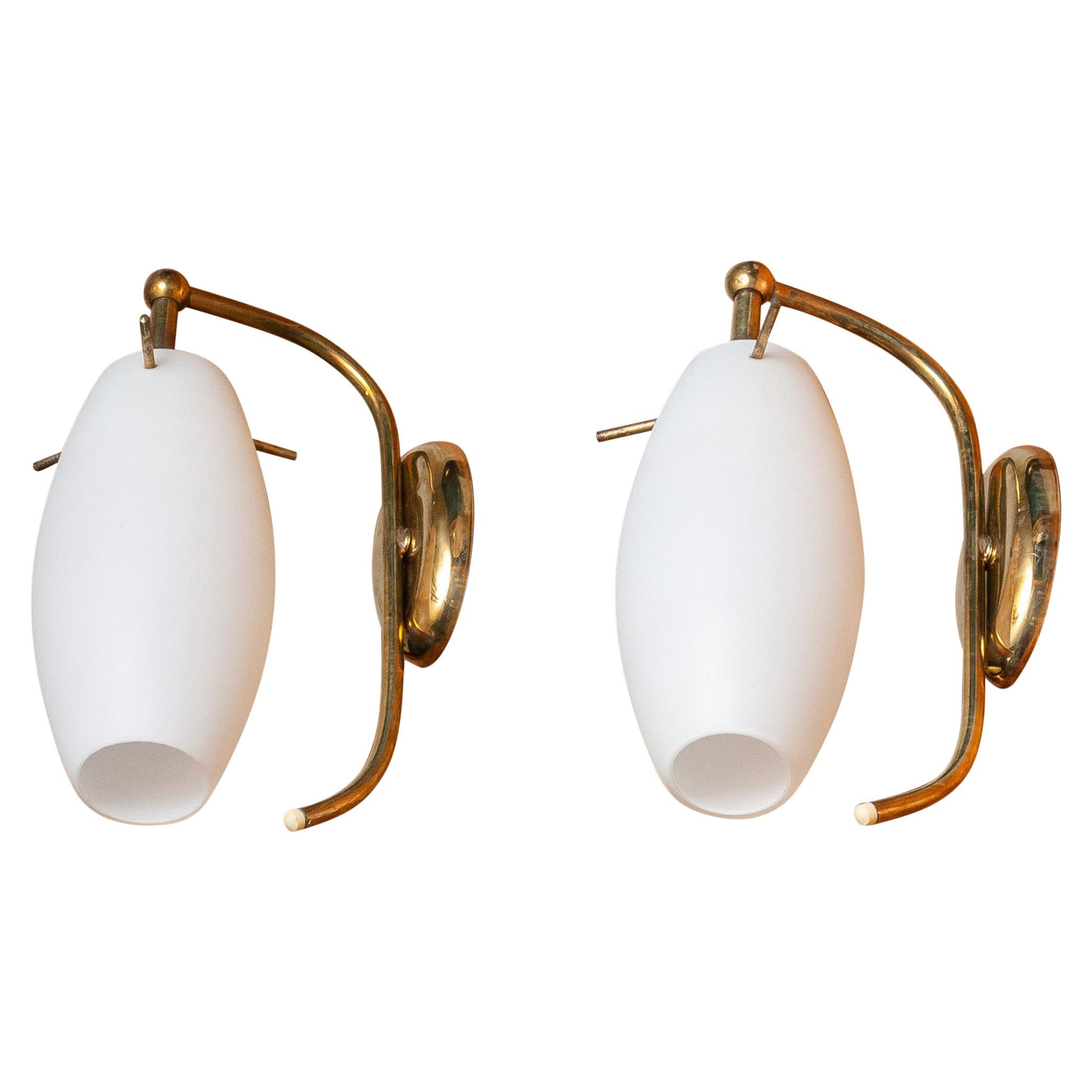 1950s, Pair of Brass Stilnovo Wall Lights with Opaline Shades / Vases, Italy