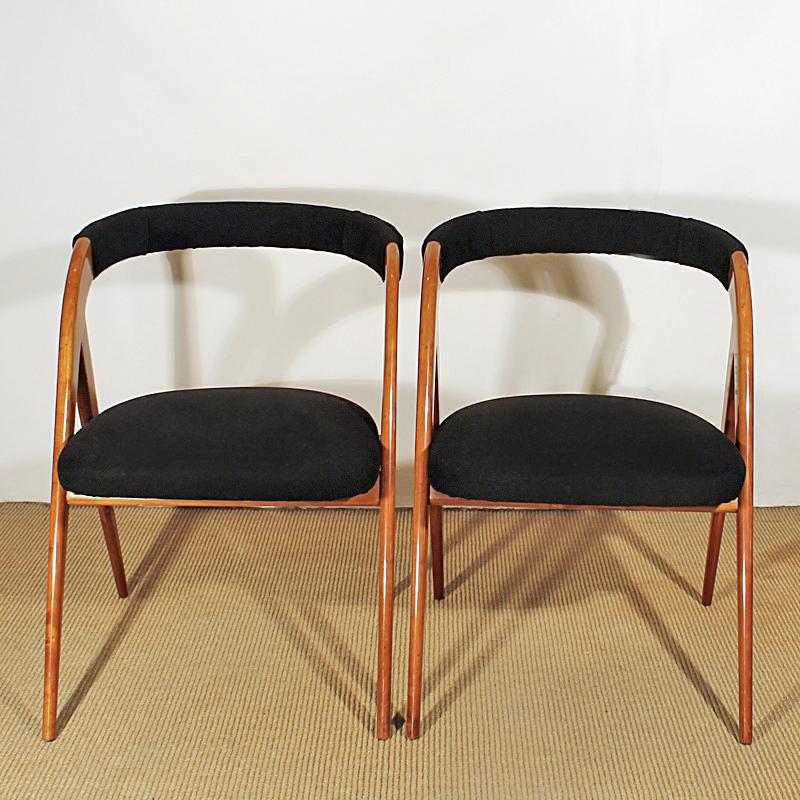 Mid-Century Modern 1950s Pair of Bridge Chairs, Compass Shape Feet, Cherrywood, Felt, Italy