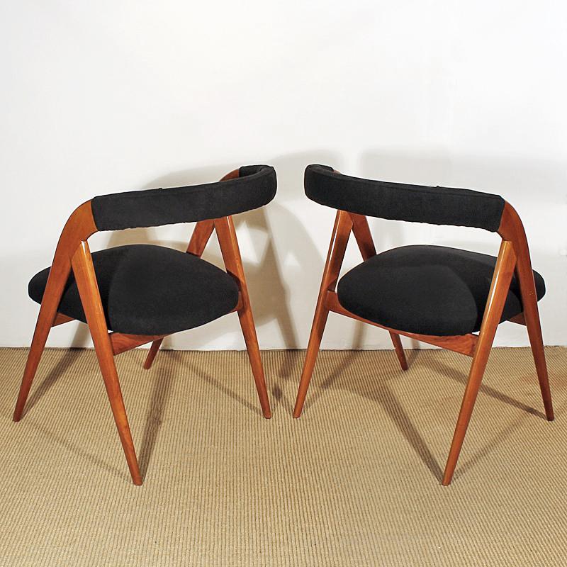Italian 1950s Pair of Bridge Chairs, Compass Shape Feet, Cherrywood, Felt, Italy