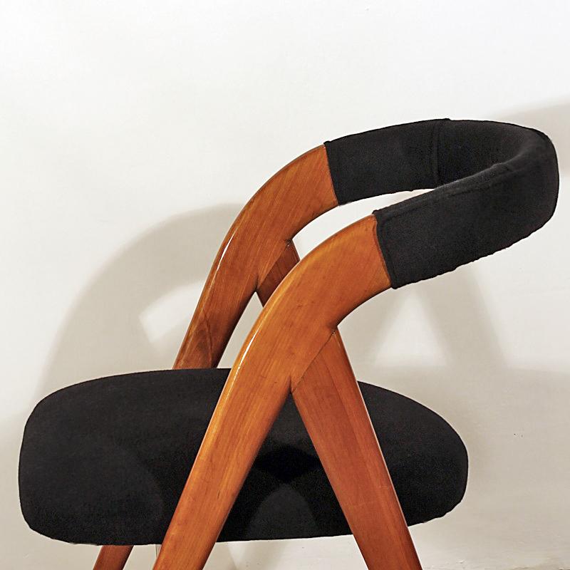 1950s Pair of Bridge Chairs, Compass Shape Feet, Cherrywood, Felt, Italy 1