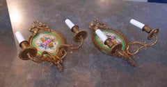 1950s Pair of Bronze and Porcelain Wall Sconces with Floral Design