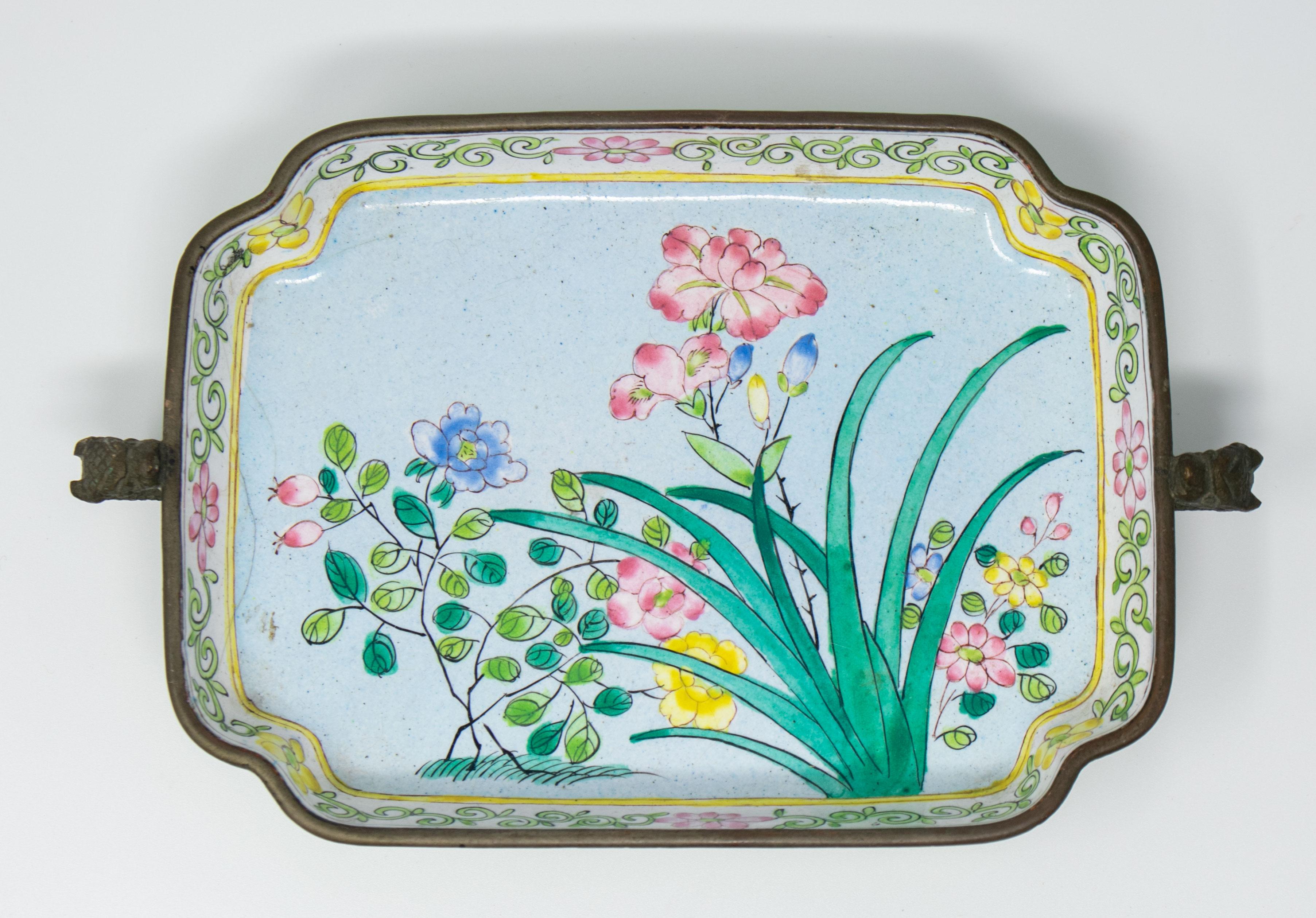 1950s pair of bronze enameled Asian trays.
