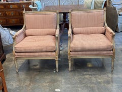 1950s Pair of Carved & Giltwood Bergeres With Striped Upholstery