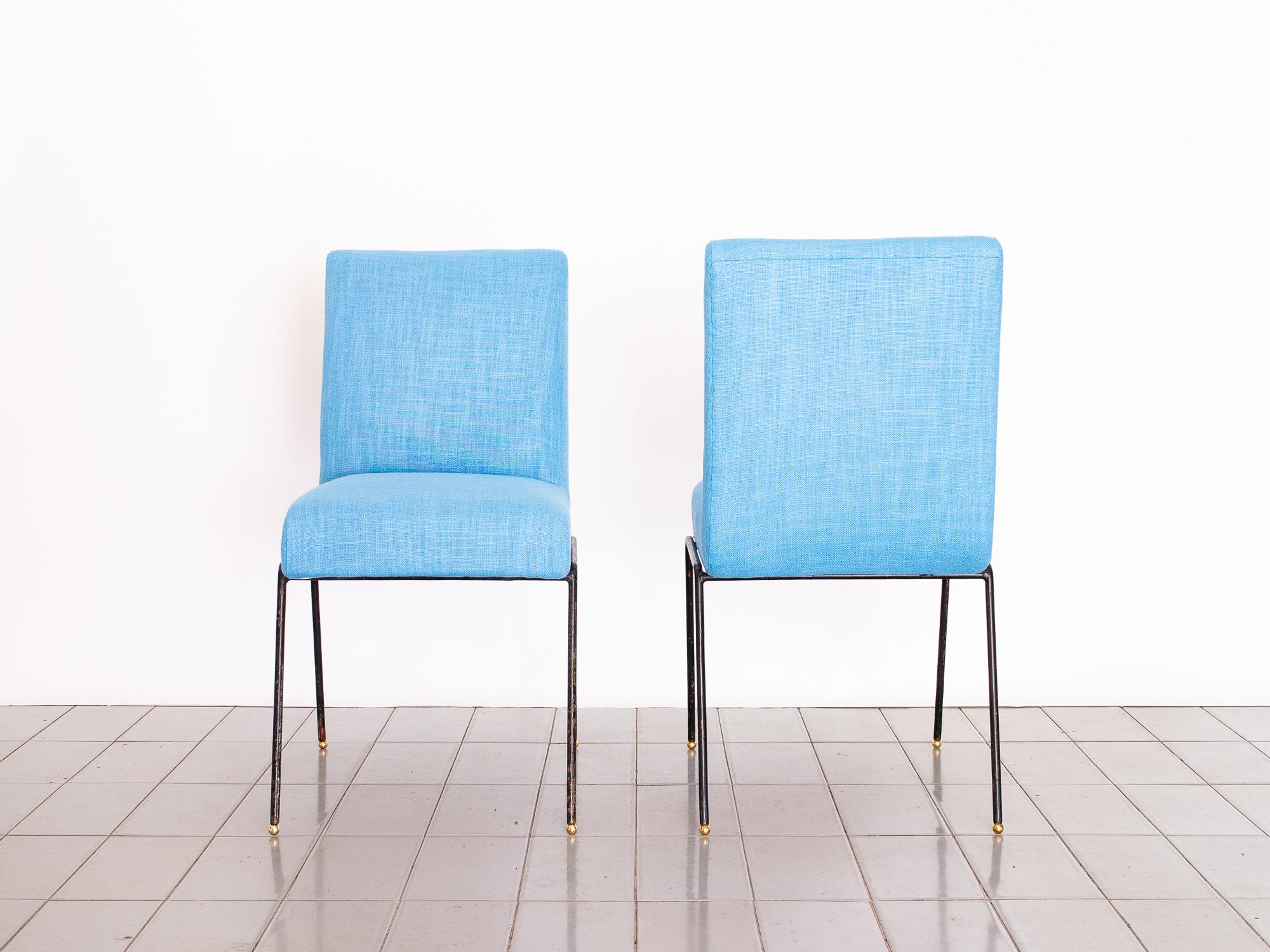 Mid-Century Modern 1950s Pair of Chairs in Wrought Iron and Blue Linen by Abraham Palatnik, Brazil