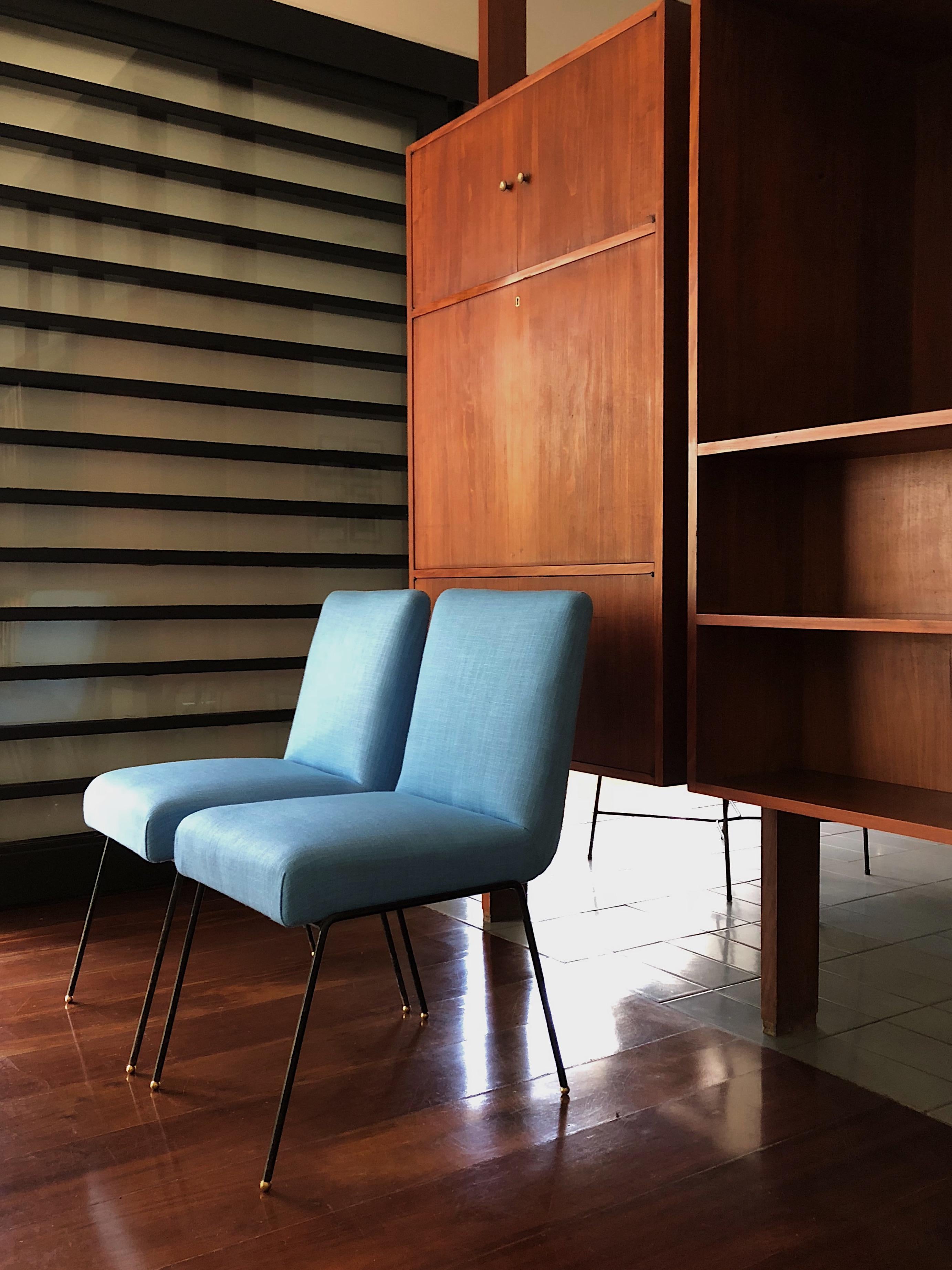 Brazilian 1950s Pair of Chairs in Wrought Iron and Blue Linen by Abraham Palatnik, Brazil