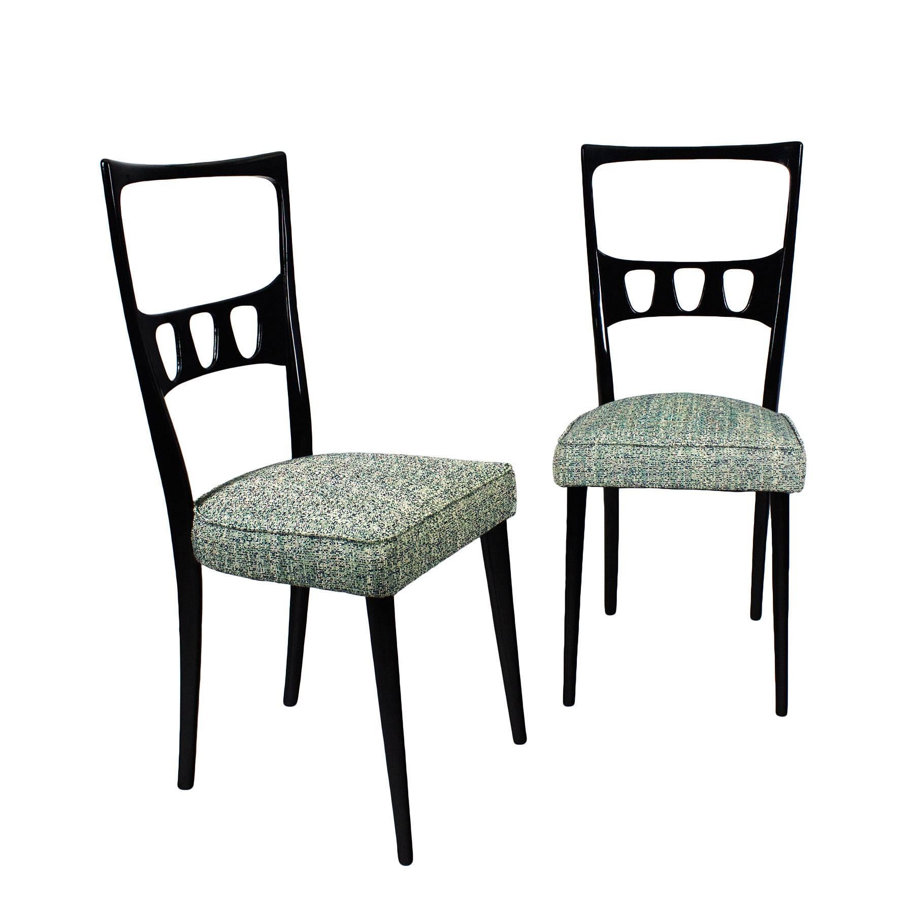 Pair of Mid-Century Modern Chairs, School of Turin, Beech, Fabric - Italy