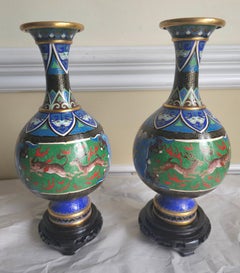 1950s Pair Of Chinese Hand Made Cloisonné Enamel Vases On Carved Hardwood Stands