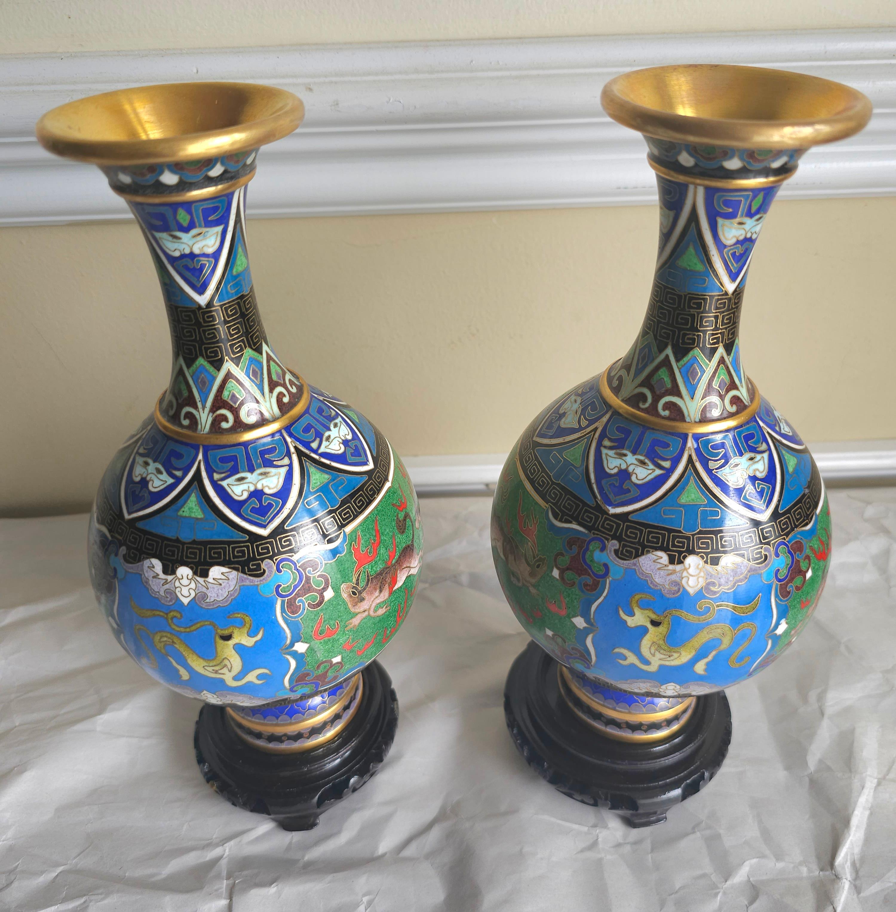 Cloissoné 1950s Pair Of Chinese Hand Made Cloisonné Enamel Vases On Carved Hardwood Stands For Sale