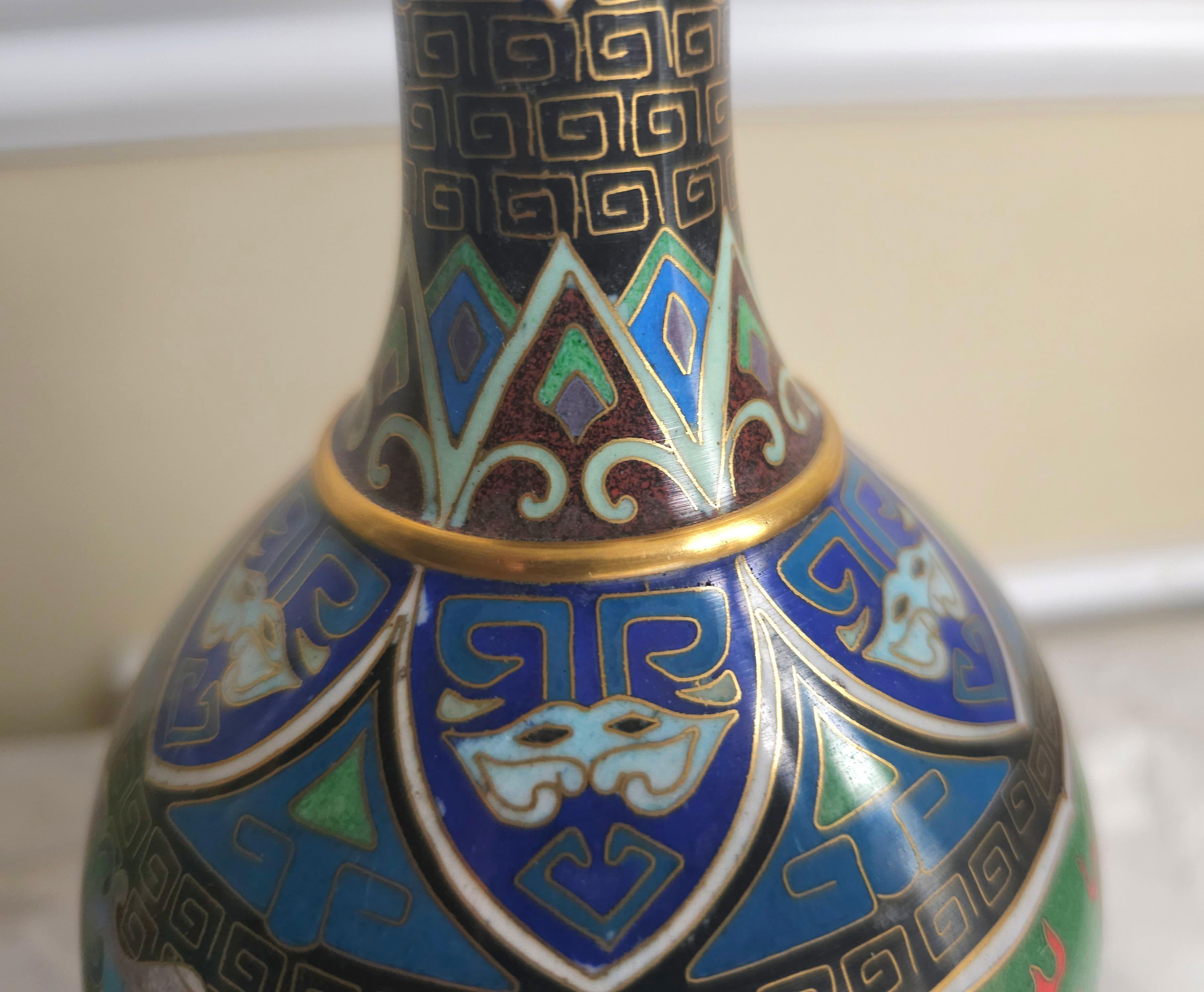 Brass 1950s Pair Of Chinese Hand Made Cloisonné Enamel Vases On Carved Hardwood Stands For Sale