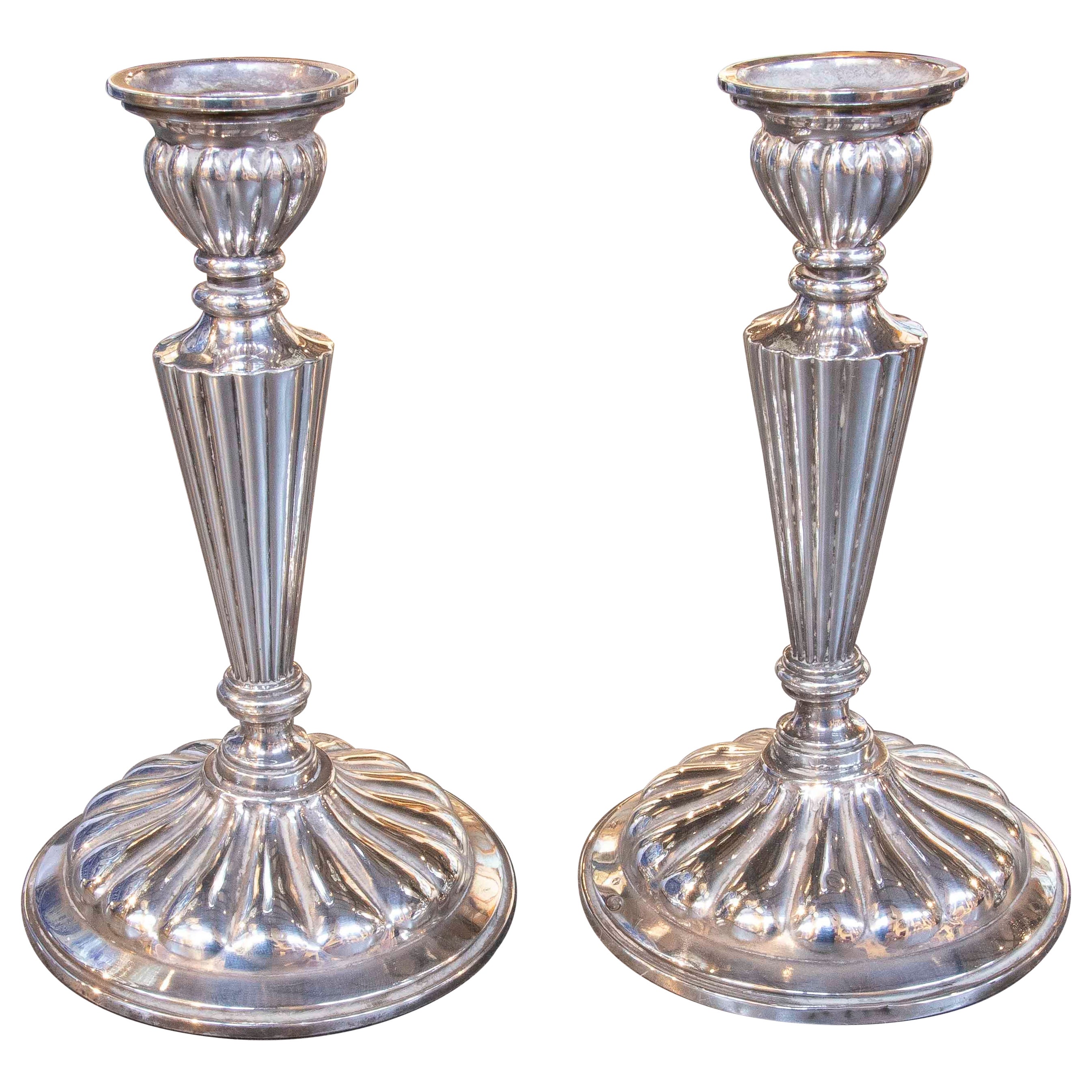 1950s Pair of Classic Silver Candlesticks with Fluted Stems
