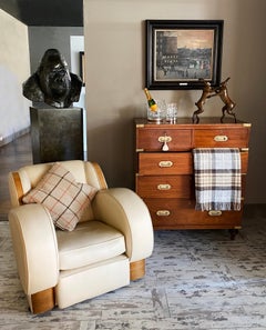 1950's Pair of Cream & Oak Veneer Leather Art Deco Style Club Chairs