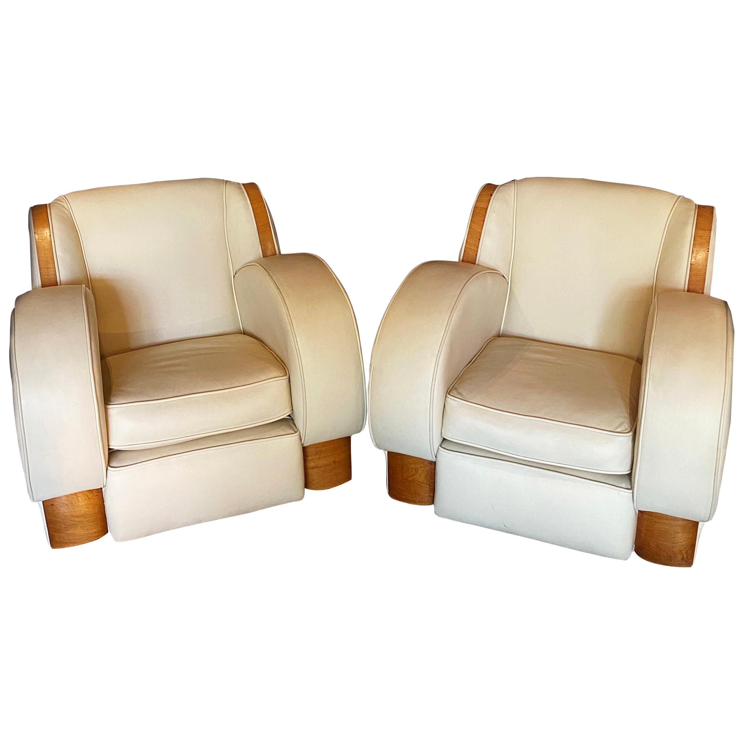1950's Pair of Cream & Oak Veneer Leather Art Deco Style Club Chairs
